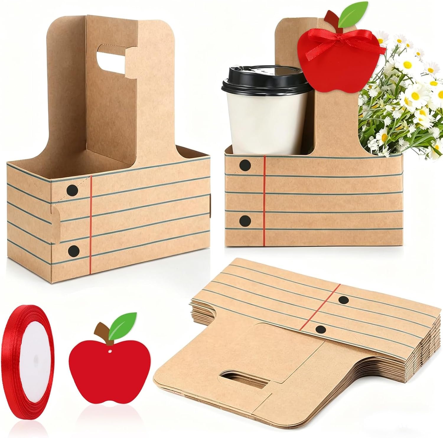 Logo Personalizzato Set da 24 Portabevande Usa e Getta per 2 Tazze con Manici Marchio Bianco Regali Ringraziamento Insegnanti Ritorno a Scuola Nastro Rosso Etichetta Mela Produttore