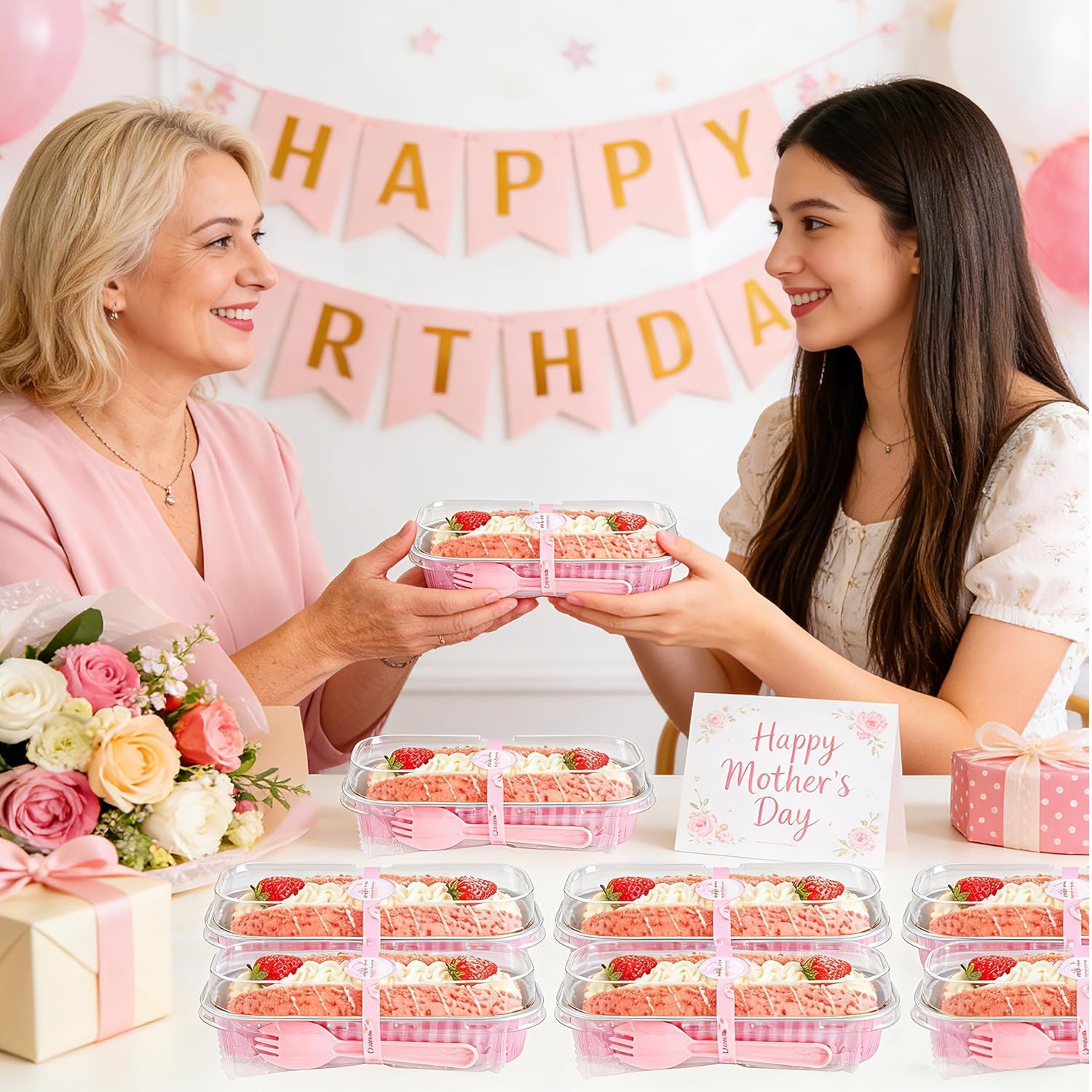 Produttore Mini Teglie per Torte Rettangolari in Alluminio Confezione da 50 con Coperchi e Cucchiai Logo Personalizzato Contenitori Alimenti Rosa 6.8oz Marchio Bianco Regali Festa della Mamma Bomboniere