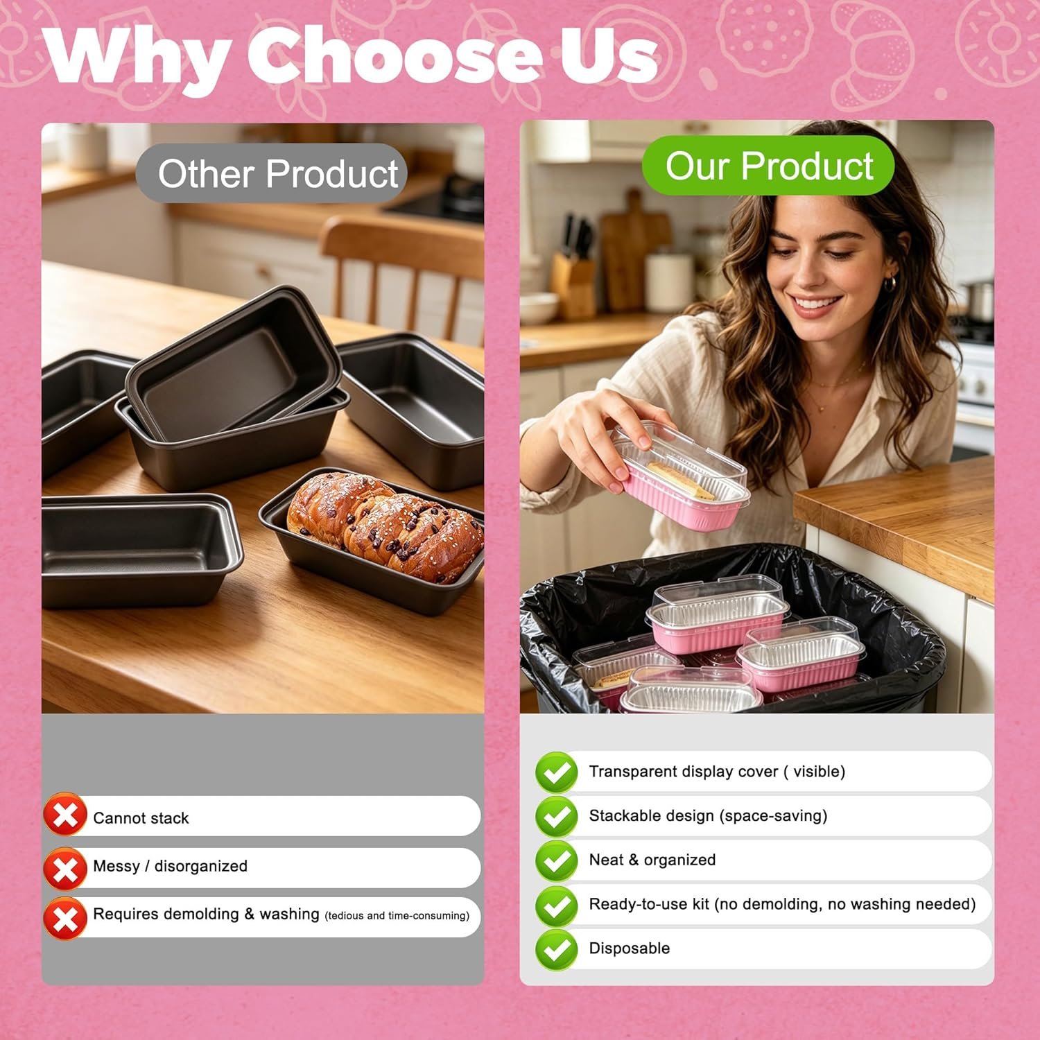 Produttore Mini Teglie per Torte Rettangolari in Alluminio Confezione da 50 con Coperchi e Cucchiai Logo Personalizzato Contenitori Alimenti Rosa 6.8oz Marchio Bianco Regali Festa della Mamma Bomboniere
