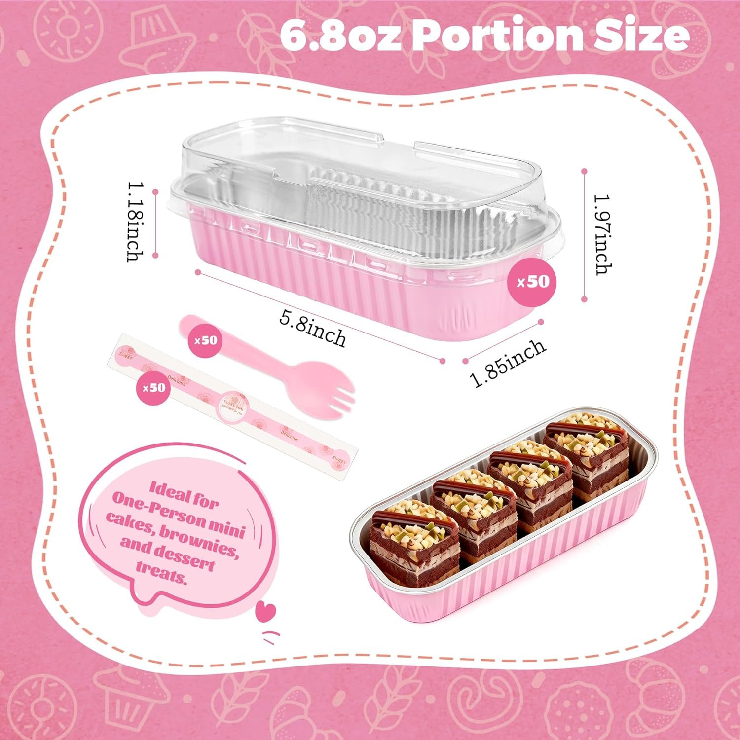 Produttore Mini Teglie per Torte Rettangolari in Alluminio Confezione da 50 con Coperchi e Cucchiai Logo Personalizzato Contenitori Alimenti Rosa 6.8oz Marchio Bianco Regali Festa della Mamma Bomboniere