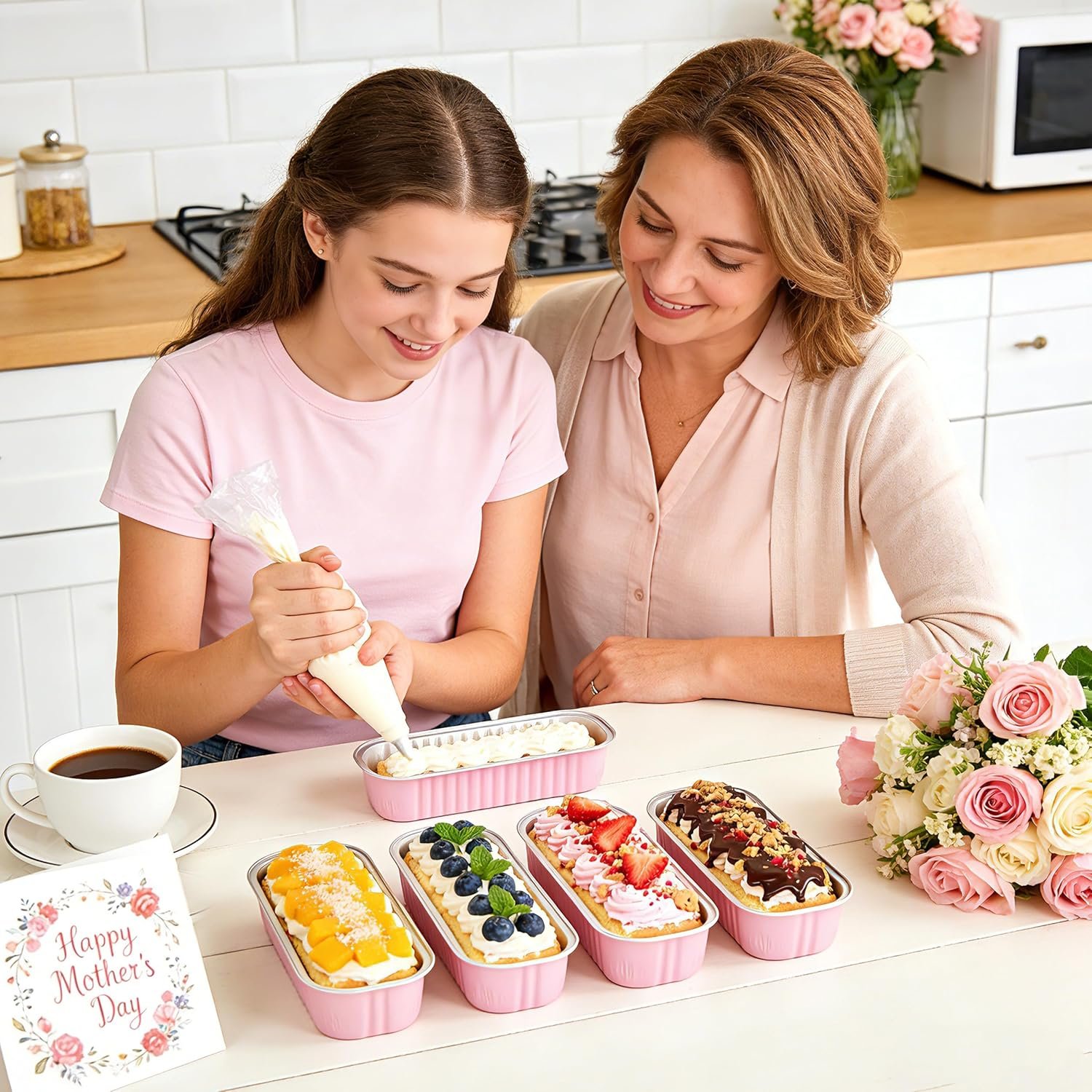 Produttore Mini Teglie per Torte Rettangolari in Alluminio Confezione da 50 con Coperchi e Cucchiai Logo Personalizzato Contenitori Alimenti Rosa 6.8oz Marchio Bianco Regali Festa della Mamma Bomboniere
