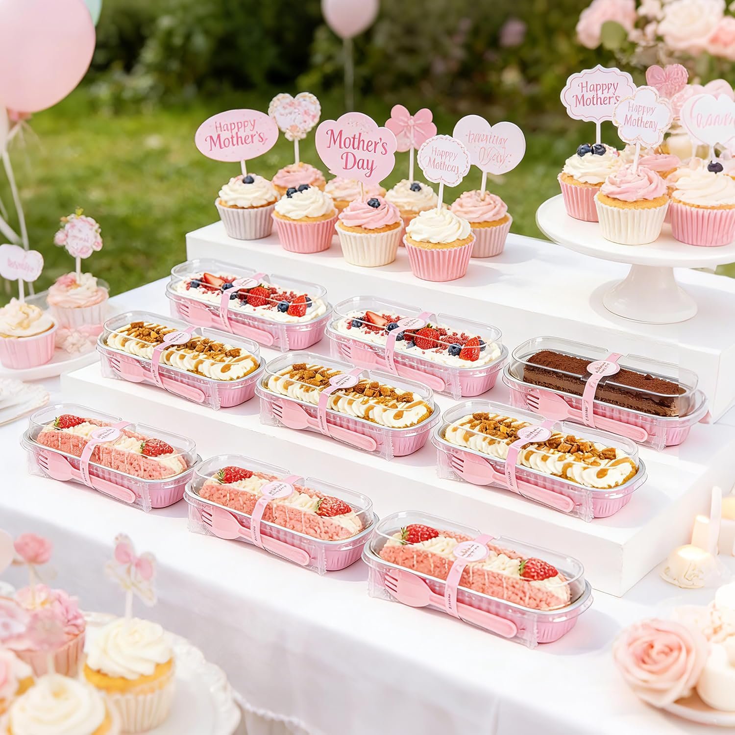 Produttore Mini Teglie per Torte Rettangolari in Alluminio Confezione da 50 con Coperchi e Cucchiai Logo Personalizzato Contenitori Alimenti Rosa 6.8oz Marchio Bianco Regali Festa della Mamma Bomboniere