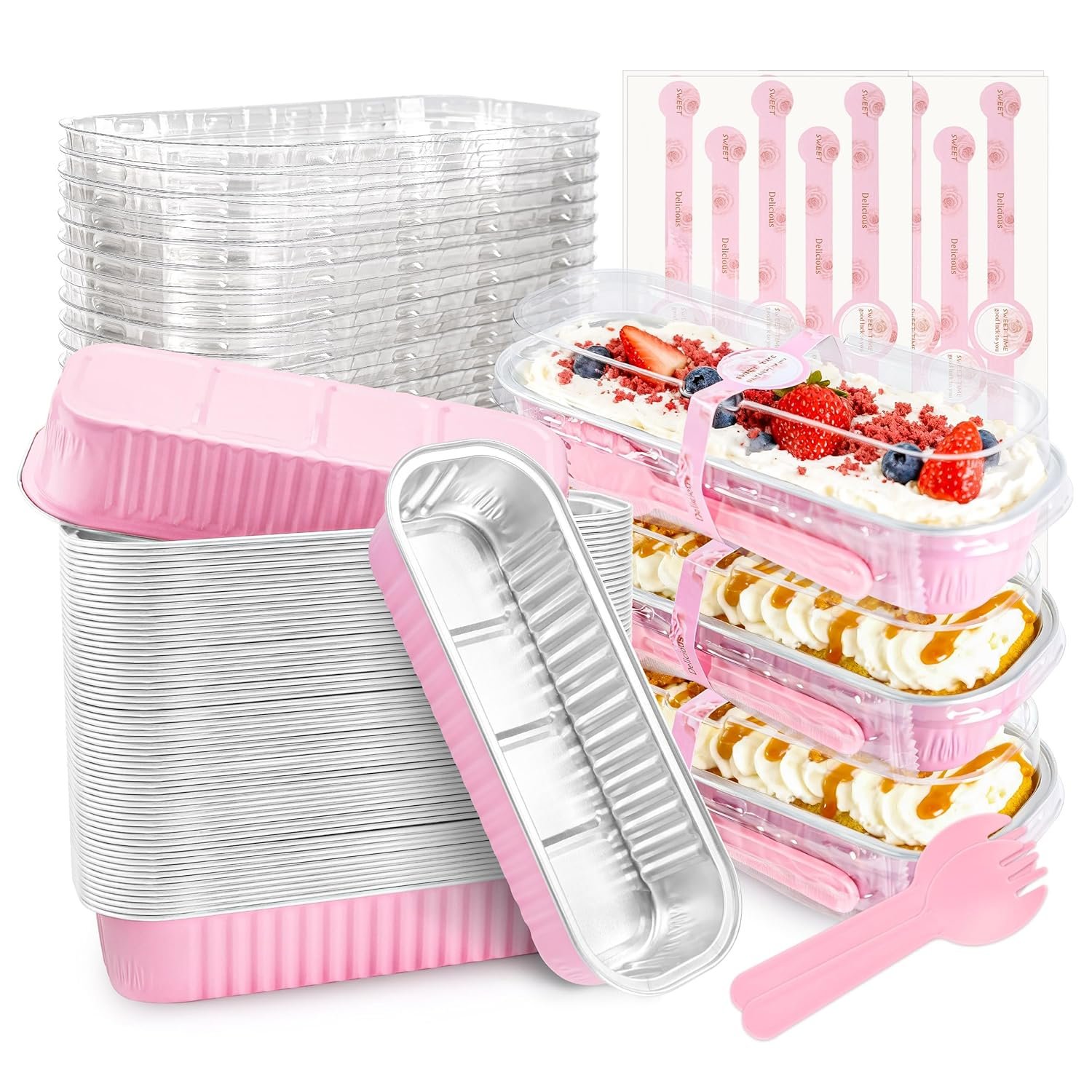 Produttore Mini Teglie per Torte Rettangolari in Alluminio Confezione da 50 con Coperchi e Cucchiai Logo Personalizzato Contenitori Alimenti Rosa 6.8oz Marchio Bianco Regali Festa della Mamma Bomboniere