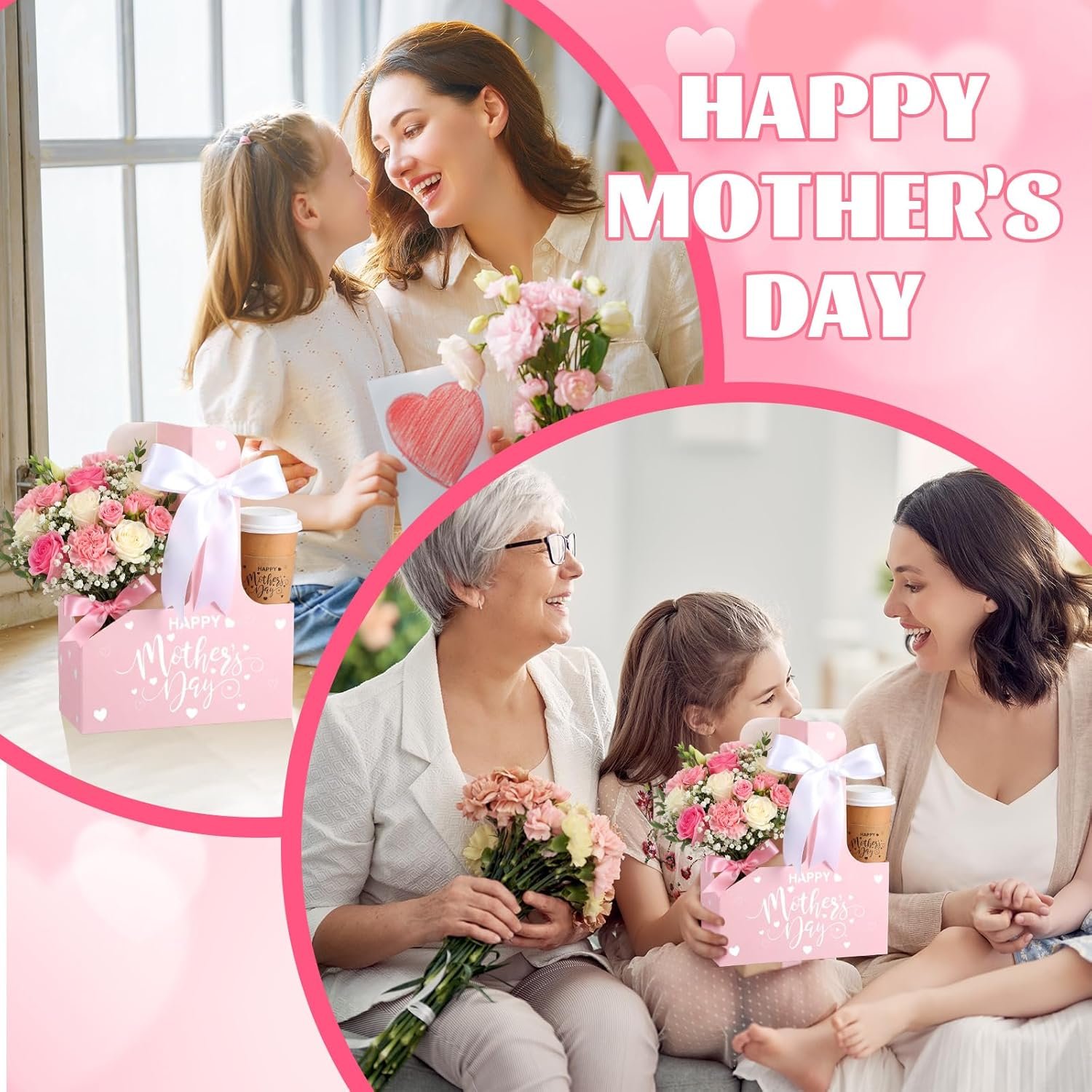 Marchio Bianco - Confezione da 36 Portaporta 2 Tazze Monouso Scatole Fiore con Manico Nastro Carta Kraft per Festa della Mamma San Valentino Regali Insegnanti - Logo Personalizzato Fornitore