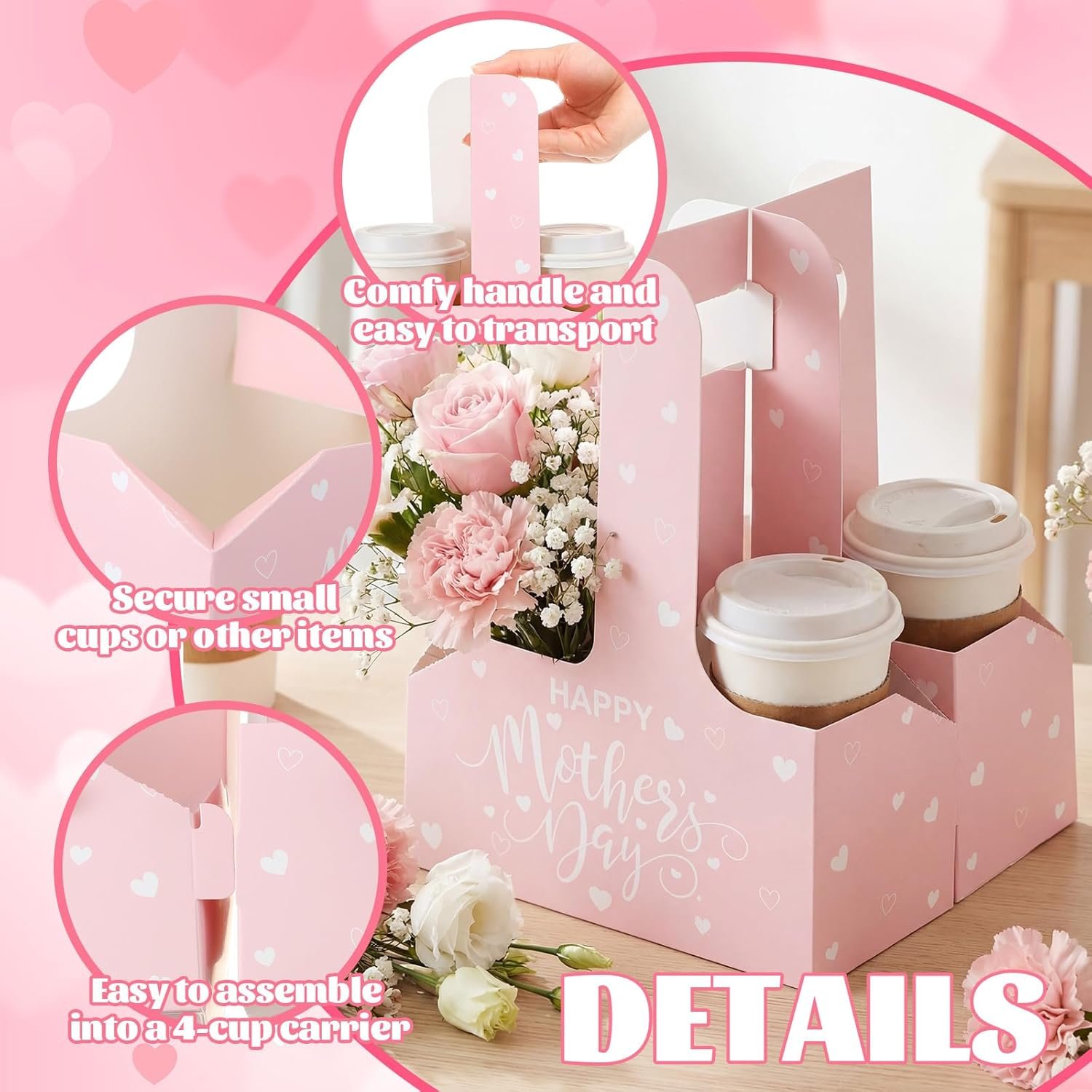 Marchio Bianco - Confezione da 36 Portaporta 2 Tazze Monouso Scatole Fiore con Manico Nastro Carta Kraft per Festa della Mamma San Valentino Regali Insegnanti - Logo Personalizzato Fornitore