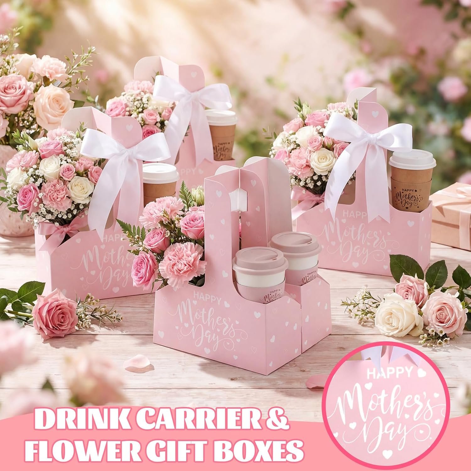 Marchio Bianco - Confezione da 36 Portaporta 2 Tazze Monouso Scatole Fiore con Manico Nastro Carta Kraft per Festa della Mamma San Valentino Regali Insegnanti - Logo Personalizzato Fornitore