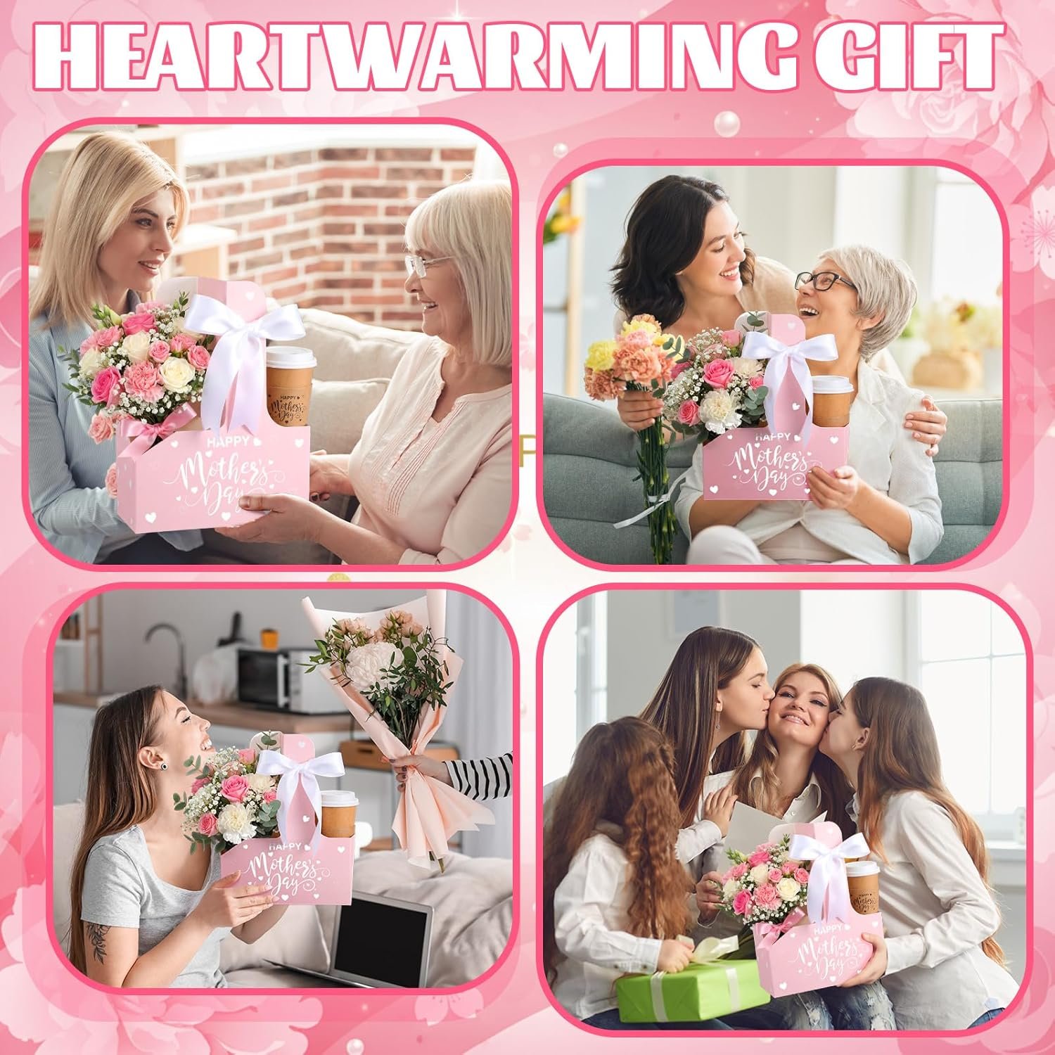 Marchio Bianco - Confezione da 36 Portaporta 2 Tazze Monouso Scatole Fiore con Manico Nastro Carta Kraft per Festa della Mamma San Valentino Regali Insegnanti - Logo Personalizzato Fornitore