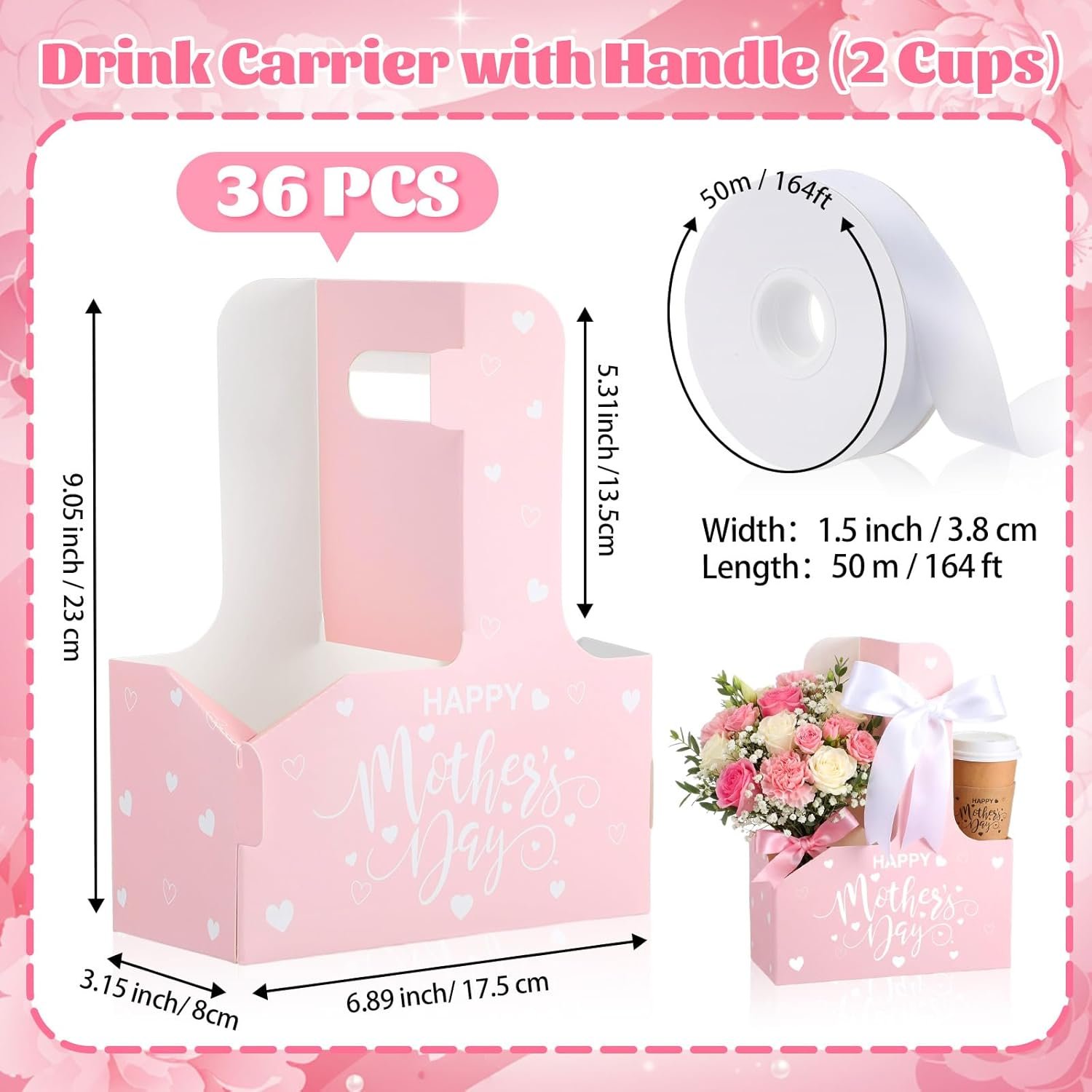 Marchio Bianco - Confezione da 36 Portaporta 2 Tazze Monouso Scatole Fiore con Manico Nastro Carta Kraft per Festa della Mamma San Valentino Regali Insegnanti - Logo Personalizzato Fornitore