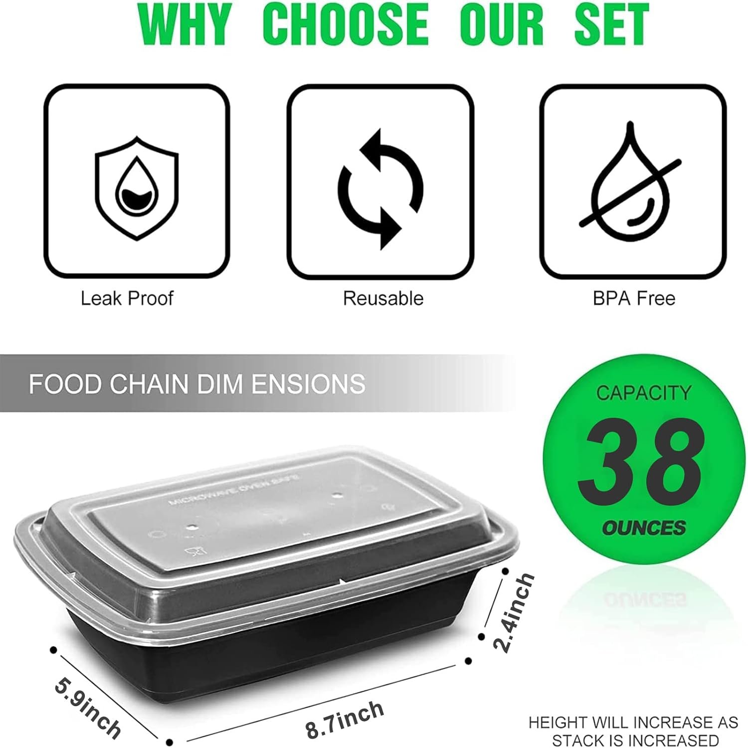 Marchio Bianco Contenitori Meal Prep [38OZ] con Logo Personalizzato in Plastica con Coperchi 10 Pezzi Riutilizzabili Senza BPA Impilabili Adatti Microonde Lavastoviglie Congelatore Fornitore Diretto