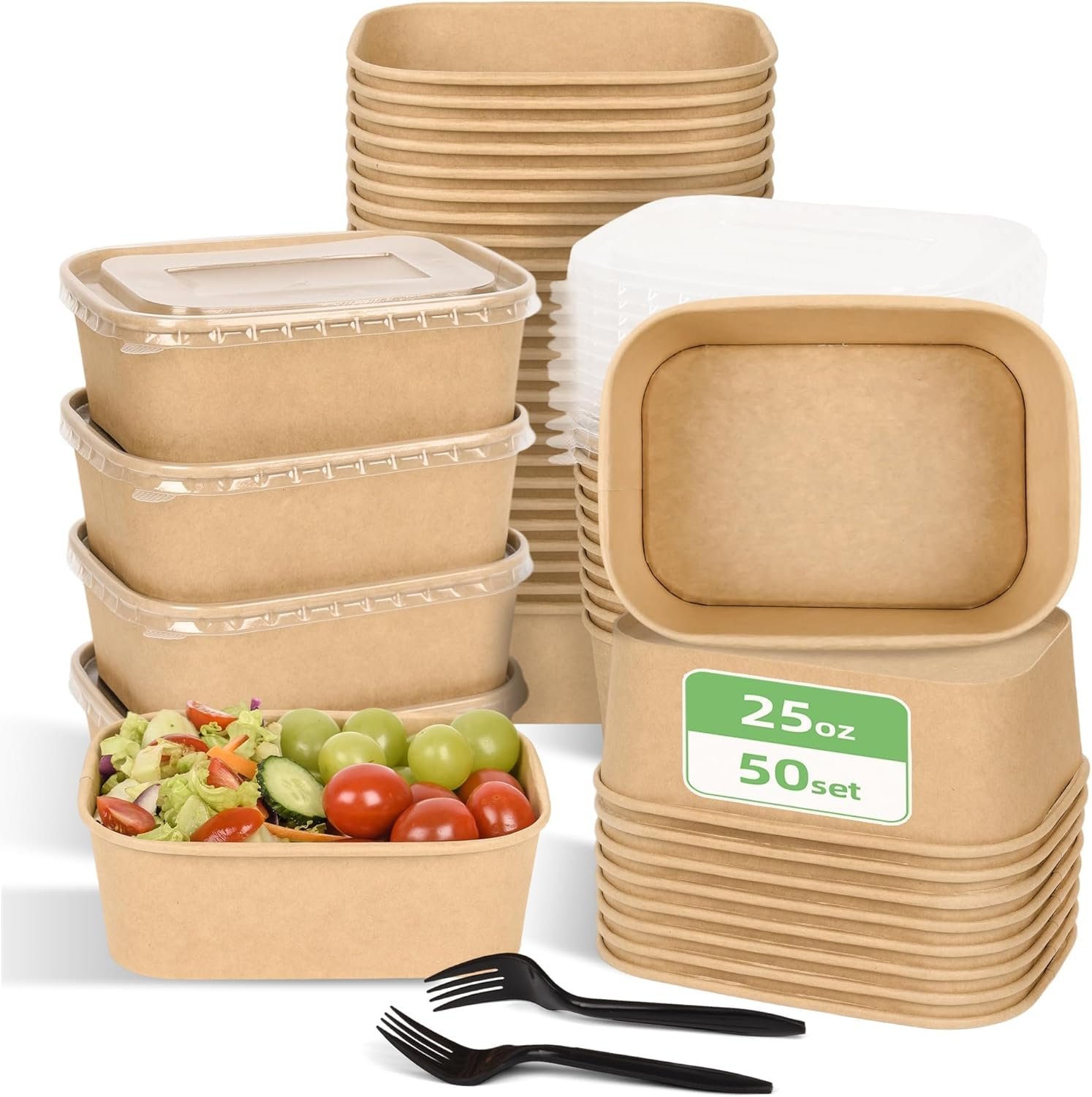 Marchio Bianco Confezione da 50 Ciotole di Carta Grandi Monouso da 25oz con Coperchi e Forchette con Logo Personalizzato per Insalata Noodles Congelatore e Microonde del Fornitore