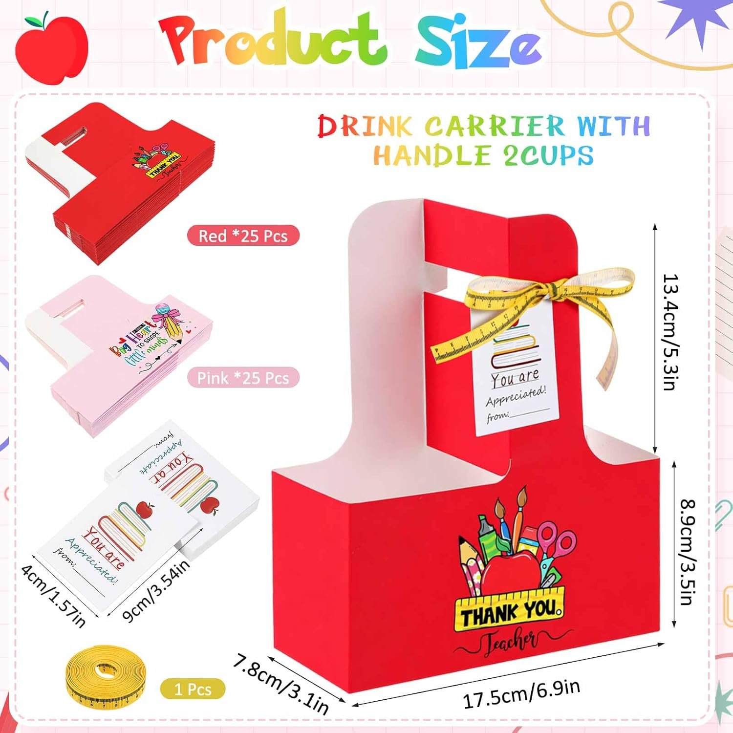 Marchio Bianco 30 Set Portatazza 2 Tazze con Maniglia Cartone Kraft per Insegnanti Bevande Calde Fredde con Biglietti Ringraziamento Nastro Logo Personalizzato dal Fornitore per Graduazione Ritorno Scuola
