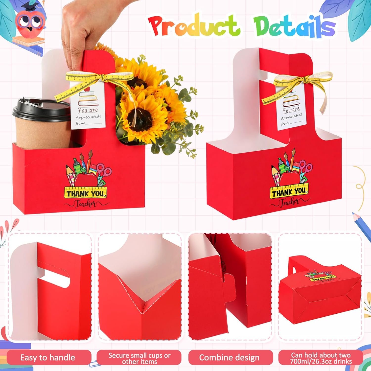 Marchio Bianco 30 Set Portatazza 2 Tazze con Maniglia Cartone Kraft per Insegnanti Bevande Calde Fredde con Biglietti Ringraziamento Nastro Logo Personalizzato dal Fornitore per Graduazione Ritorno Scuola