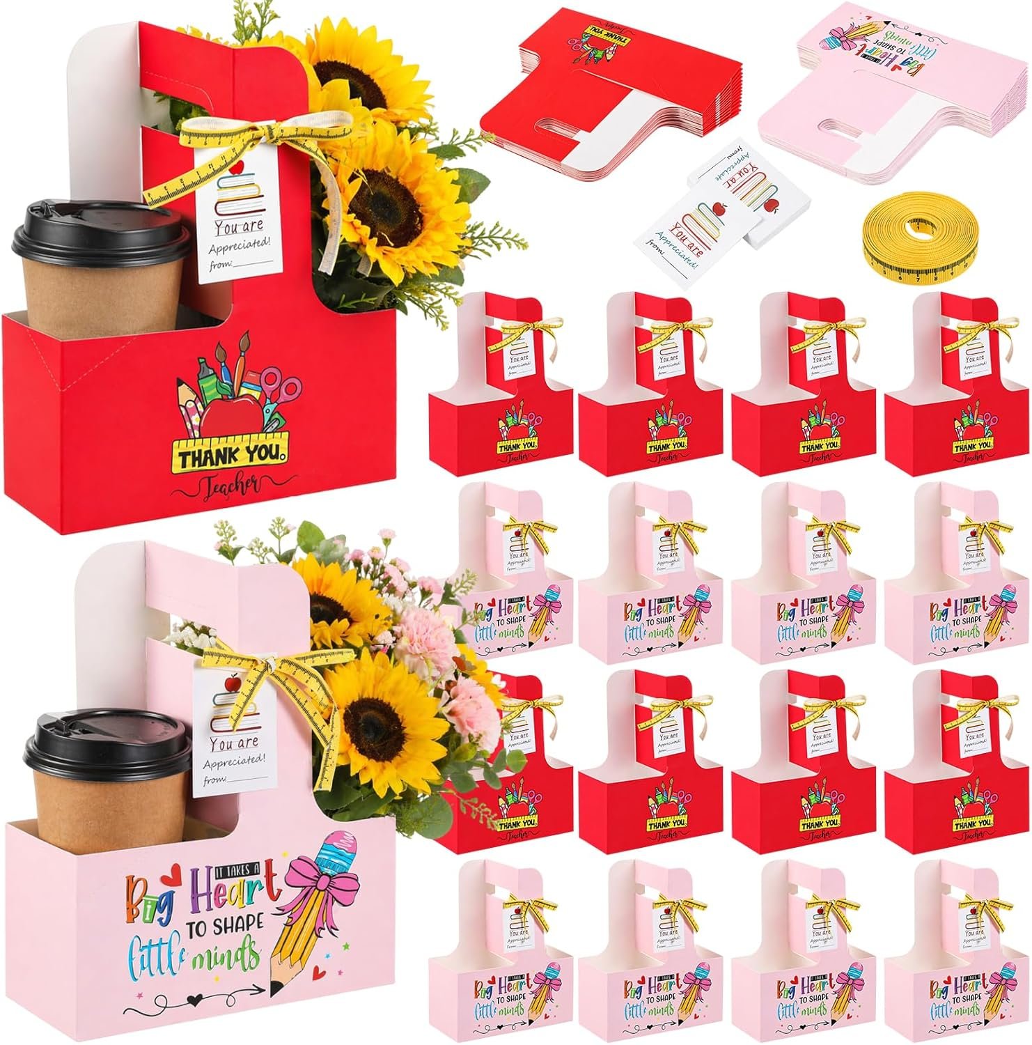 Marchio Bianco 30 Set Portatazza 2 Tazze con Maniglia Cartone Kraft per Insegnanti Bevande Calde Fredde con Biglietti Ringraziamento Nastro Logo Personalizzato dal Fornitore per Graduazione Ritorno Scuola