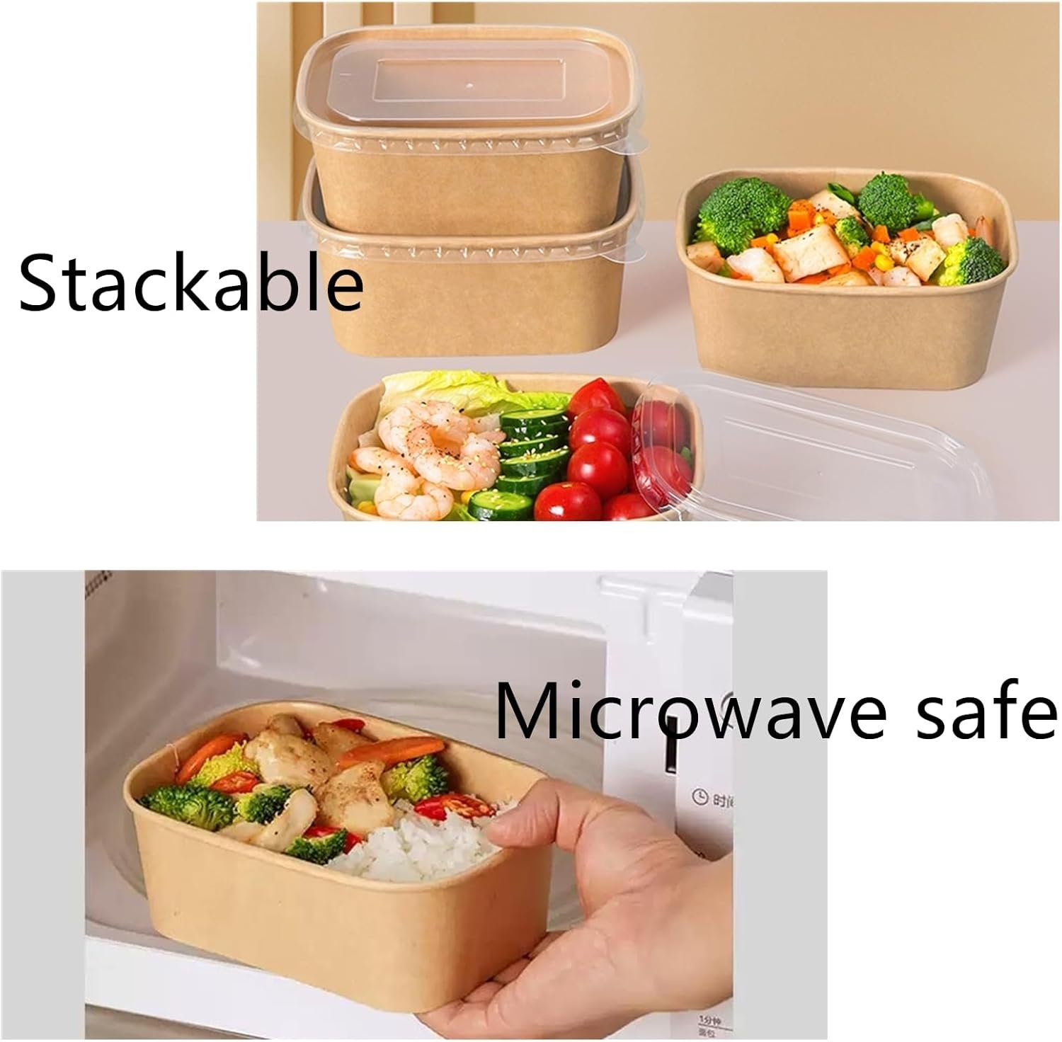 Marchio Bianco Confezione da 50 Contenitori Meal Prep Carta 25oz con Coperchi Logo Personalizzato Monouso Kraft Impilabili Resistenti all'Olio Ciotole Insalata Asporto Picnic Feste Fornitore Sicuri Microonde Congelatore