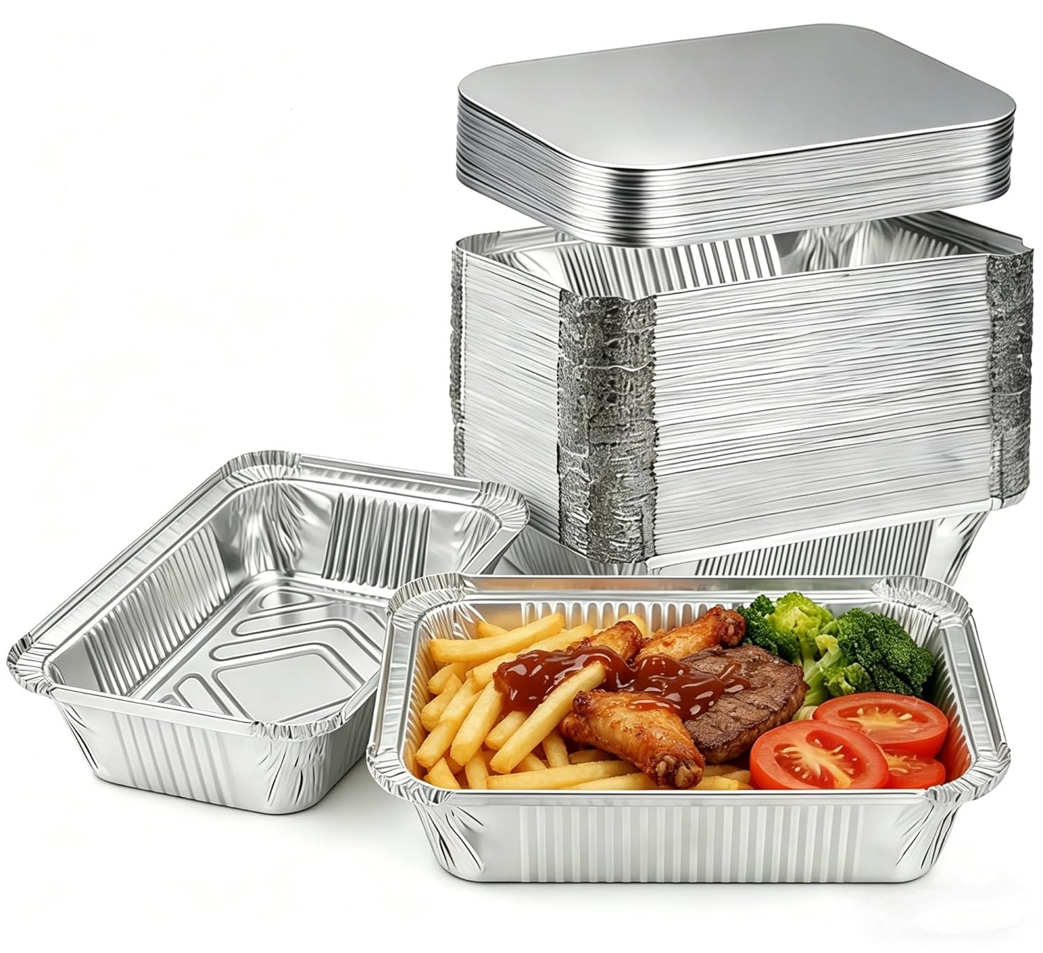 Teglie in Alluminio con Coperchi Logo Personalizzato (60 pz 8.5"×6" Capacità 2.25 LB) Marchio Bianco 60 Teglie + 60 Coperture Cartone Contenitori Monouso per Forno Preparazione Pasti Stoccaggio Congelatore del Produttore