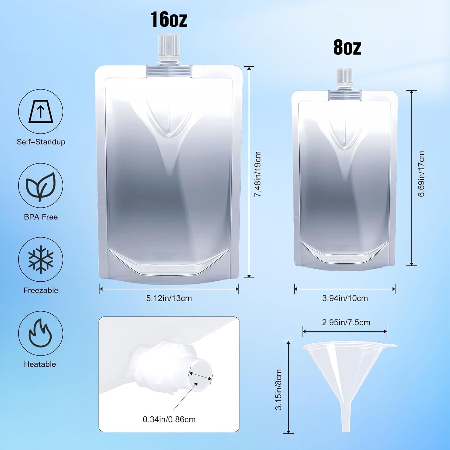 Logo Personalizzato Sacchetti per Bevande 8 e 16 oz 30 pz Riutilizzabili in Plastica con Imbuto per Liquidi Succo Stand Up Marchio Bianco per Viaggi Campeggio Outdoor Sport Concerti Eventi Ermetici Grado Alimentare dal Produttore