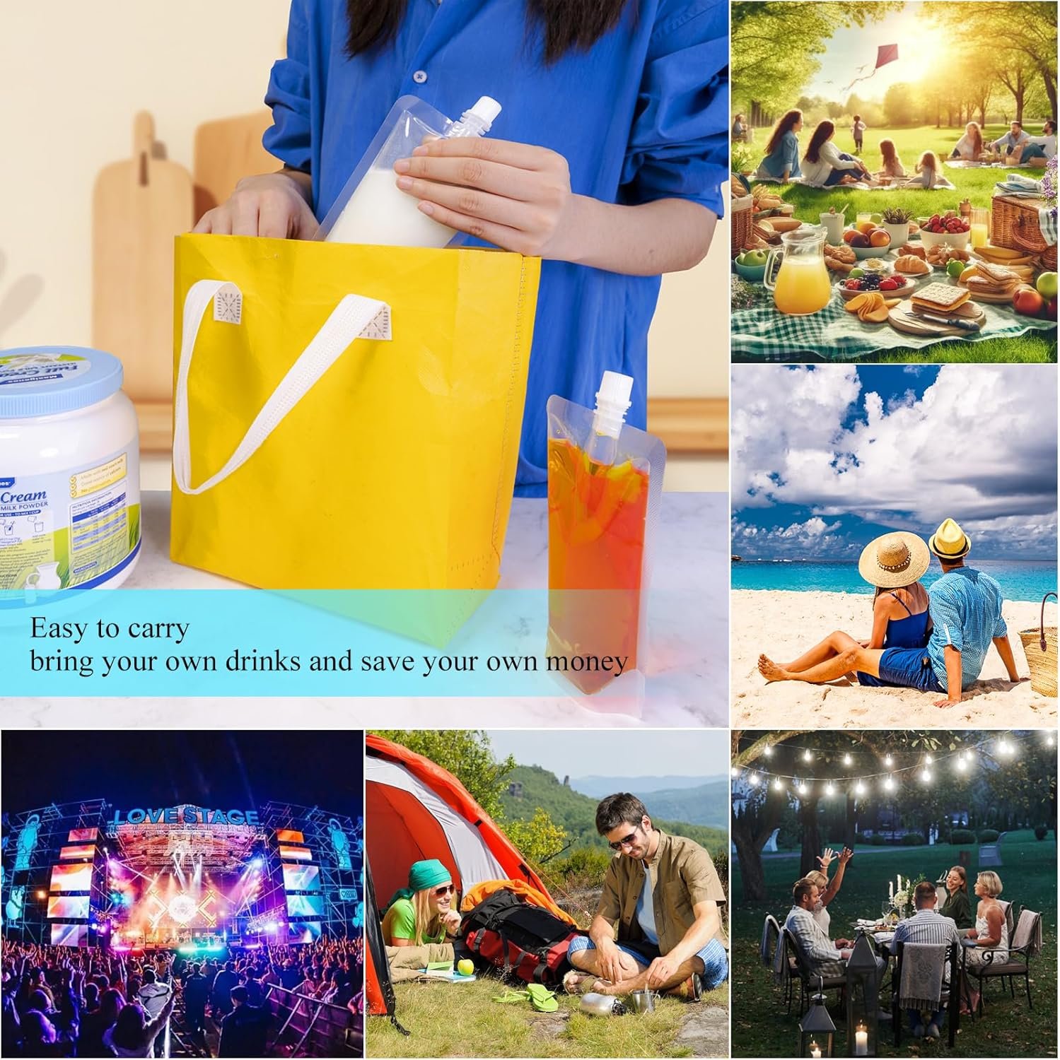 Logo Personalizzato Sacchetti per Bevande 8 e 16 oz 30 pz Riutilizzabili in Plastica con Imbuto per Liquidi Succo Stand Up Marchio Bianco per Viaggi Campeggio Outdoor Sport Concerti Eventi Ermetici Grado Alimentare dal Produttore