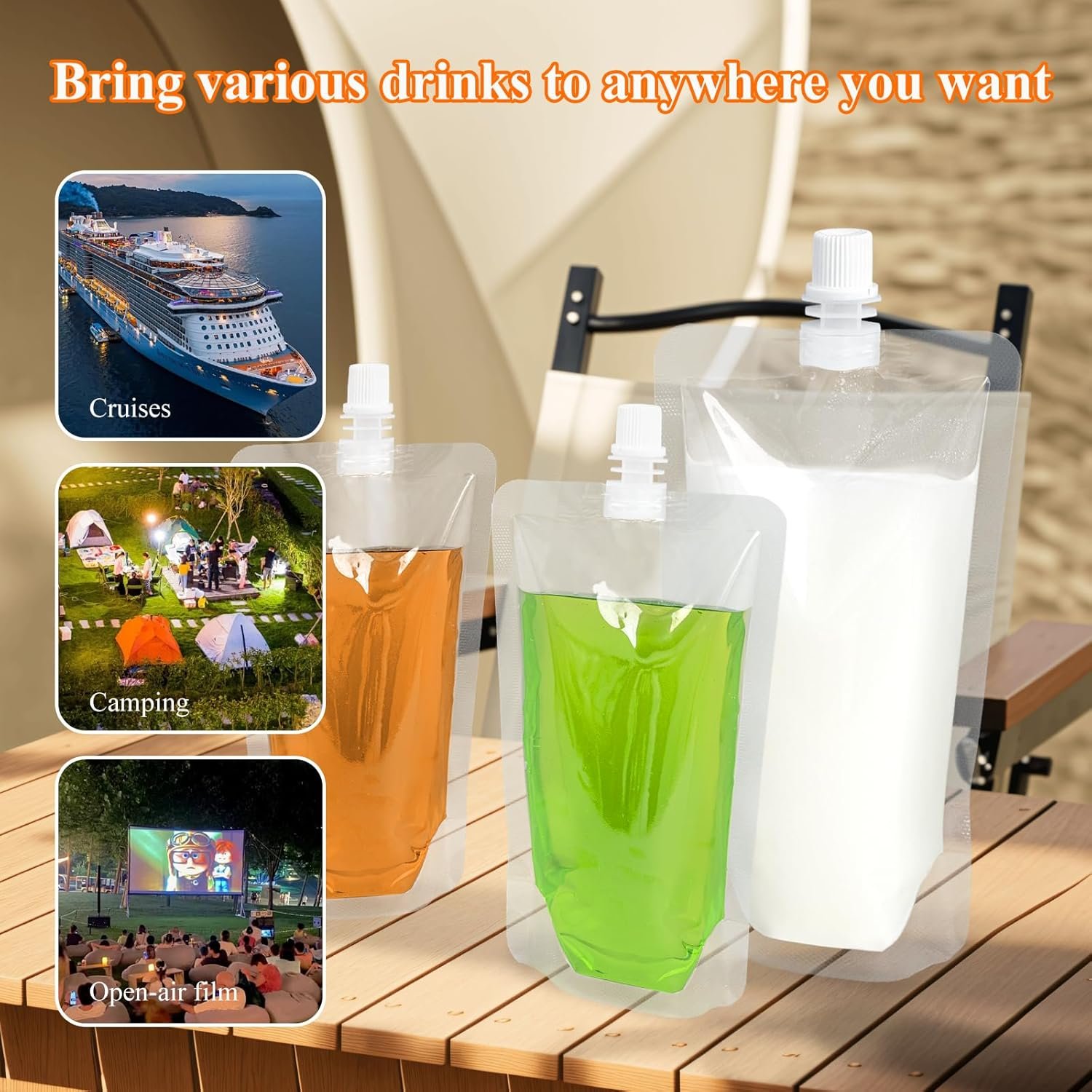 Logo Personalizzato Sacchetti per Bevande 8 e 16 oz 30 pz Riutilizzabili in Plastica con Imbuto per Liquidi Succo Stand Up Marchio Bianco per Viaggi Campeggio Outdoor Sport Concerti Eventi Ermetici Grado Alimentare dal Produttore