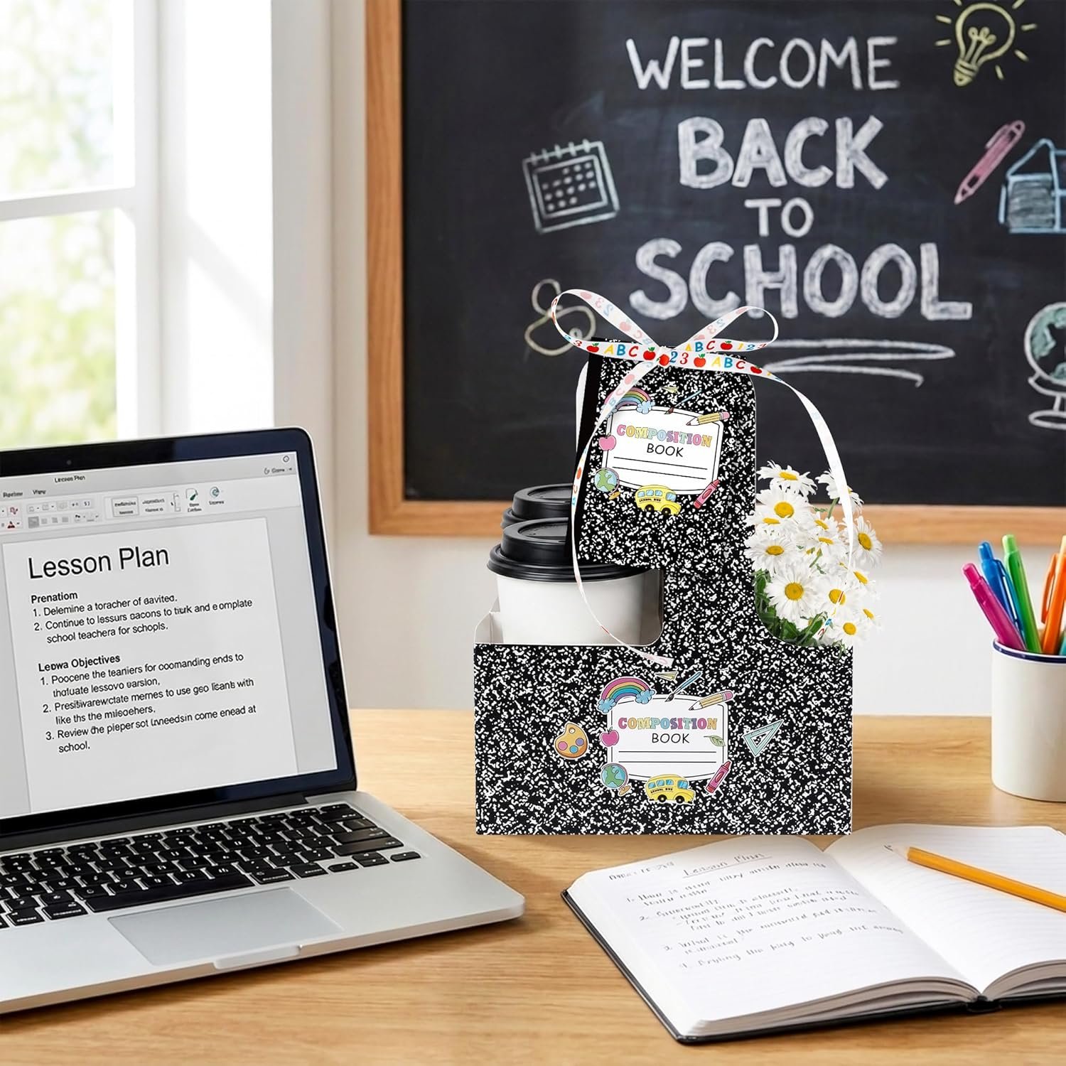 Logo Personalizzato 24 Set Portabevande 2 Tazze con Manico Design Quaderno Monouso con Biglietto Auguri e Nastro per Regali Insegnanti Inizio Fine Scuola da Fornitore Marchio Bianco