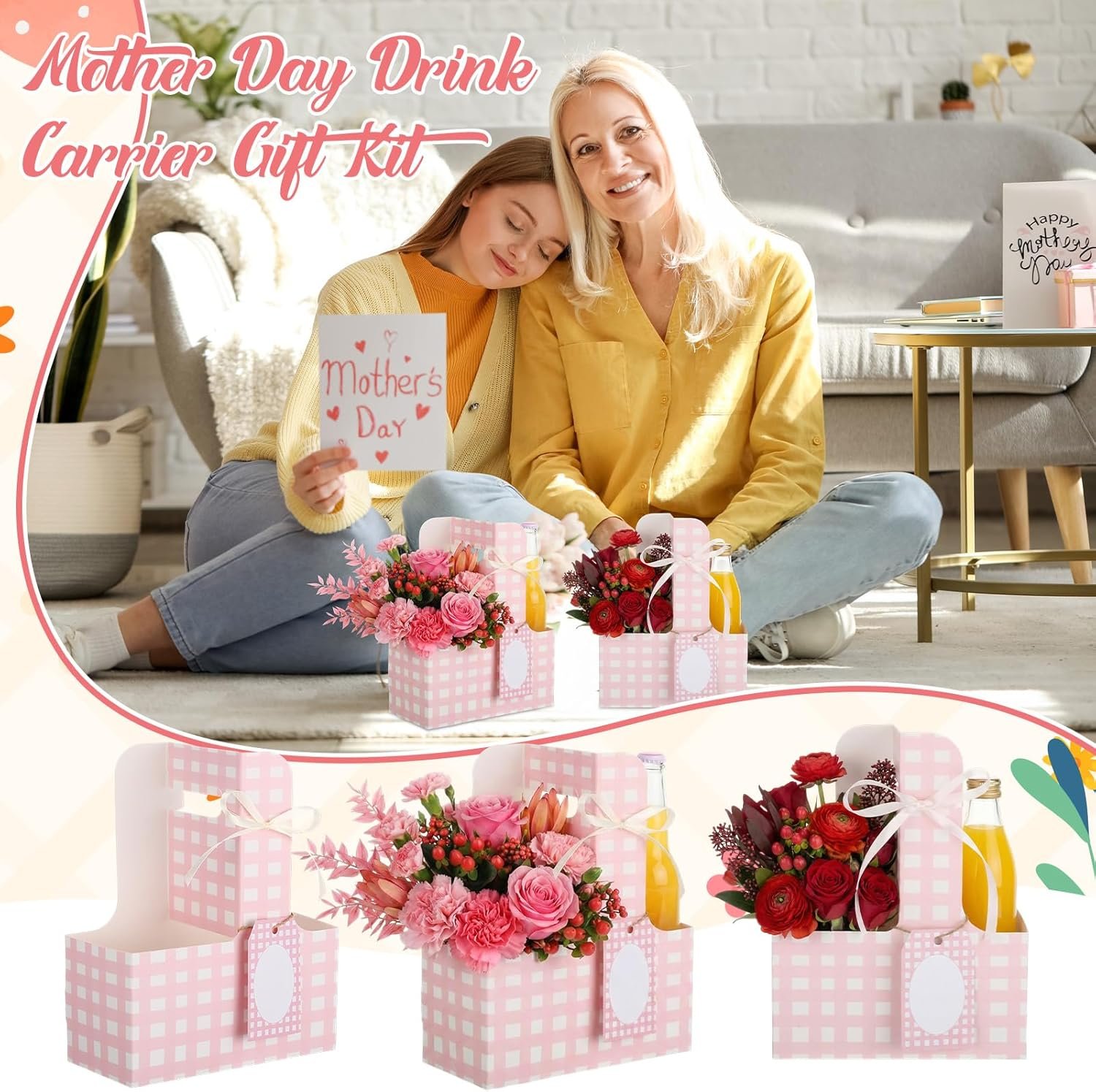 Produttore 24 Set Portabevande per 2 Tazze con Manici Carte Gingham Design Fiori Rosa Logo Personalizzato per Festa della Mamma Matrimonio Compleanno Regalo Insegnanti Marchio Bianco