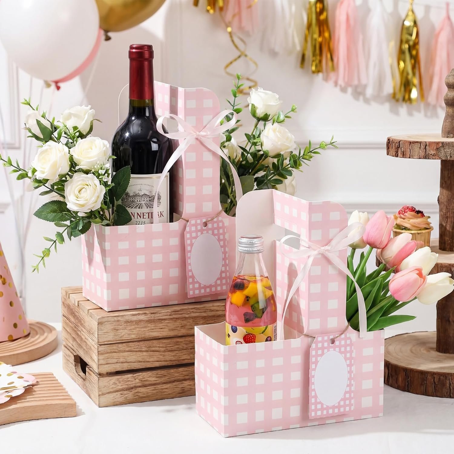 Produttore 24 Set Portabevande per 2 Tazze con Manici Carte Gingham Design Fiori Rosa Logo Personalizzato per Festa della Mamma Matrimonio Compleanno Regalo Insegnanti Marchio Bianco