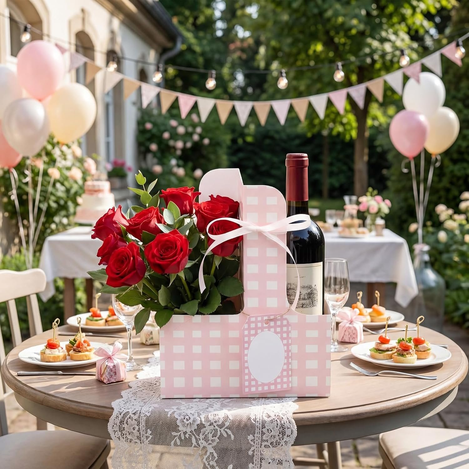 Produttore 24 Set Portabevande per 2 Tazze con Manici Carte Gingham Design Fiori Rosa Logo Personalizzato per Festa della Mamma Matrimonio Compleanno Regalo Insegnanti Marchio Bianco