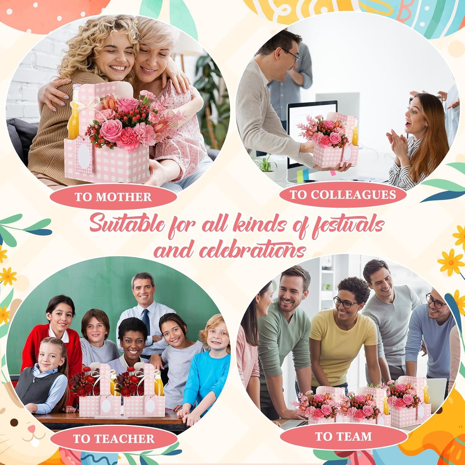 Produttore 24 Set Portabevande per 2 Tazze con Manici Carte Gingham Design Fiori Rosa Logo Personalizzato per Festa della Mamma Matrimonio Compleanno Regalo Insegnanti Marchio Bianco