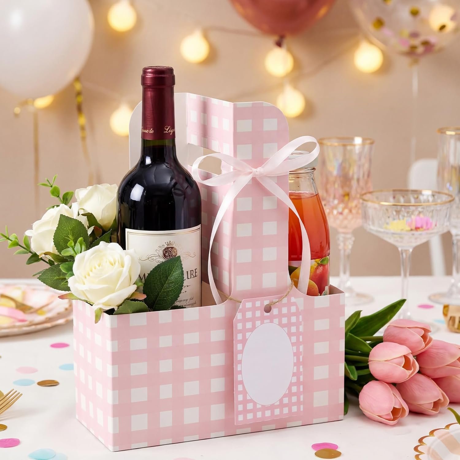 Produttore 24 Set Portabevande per 2 Tazze con Manici Carte Gingham Design Fiori Rosa Logo Personalizzato per Festa della Mamma Matrimonio Compleanno Regalo Insegnanti Marchio Bianco