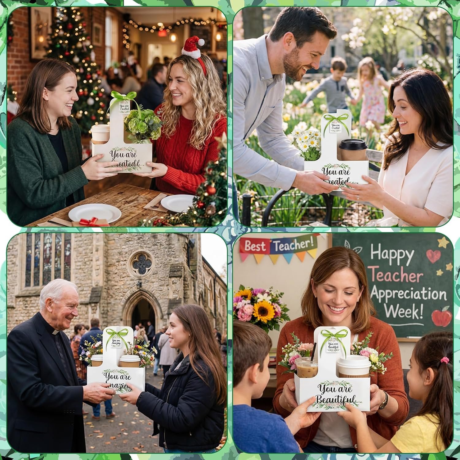 Logo Personalizzato Portabicchieri per 2 Tazze con Manico in Cartone Kraft 20 Set Regali per la Festa della Mamma Cristiani all'ingrosso dal Fornitore con Biglietto d'Auguri e Nastro Marchio Bianco per Donne della Chiesa