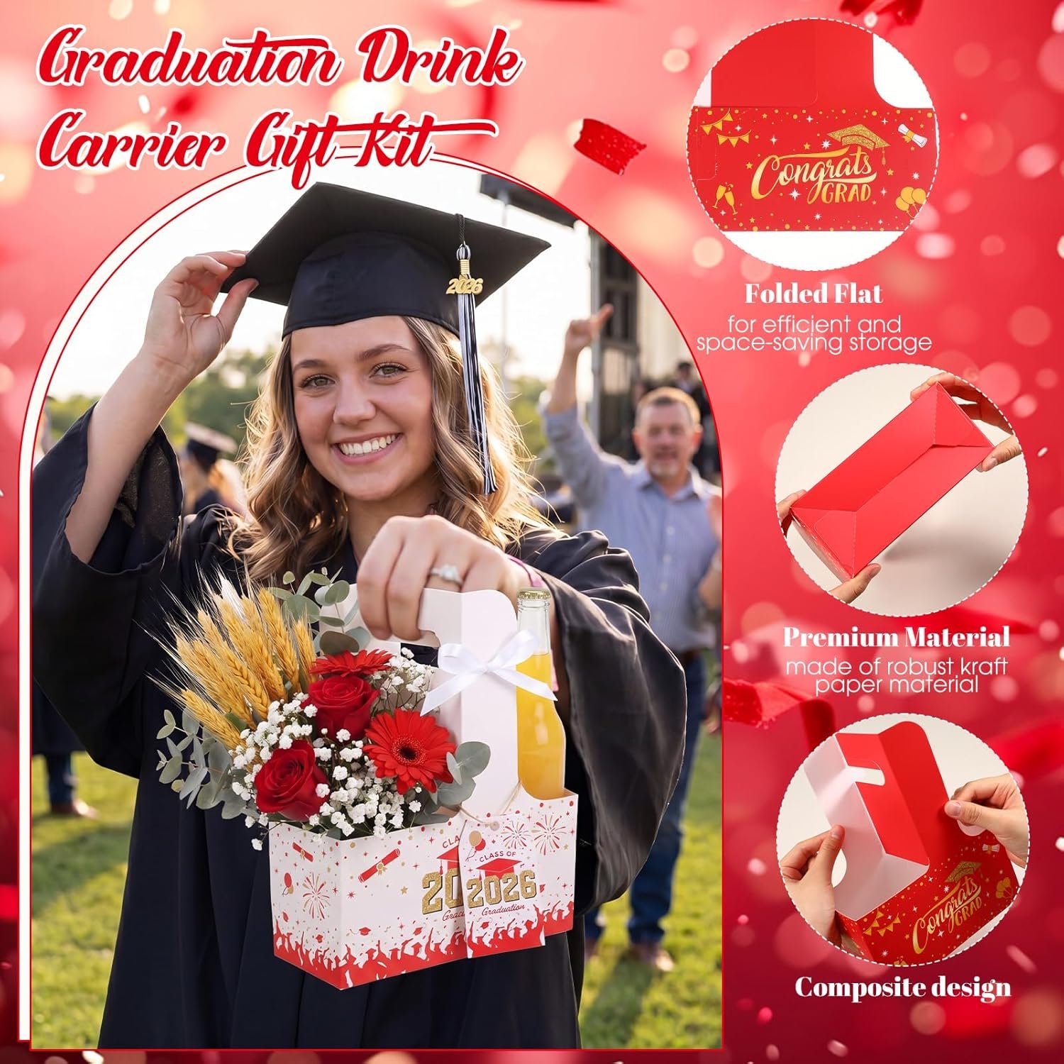 Logo Personalizzato Portabevande Usa e Getta 2 Tazze con Cartoncino Nastro per Laurea Classe 2026 Regali Diplomati Liceo Università Set da 24 Rosso Marchio Bianco Fornitore