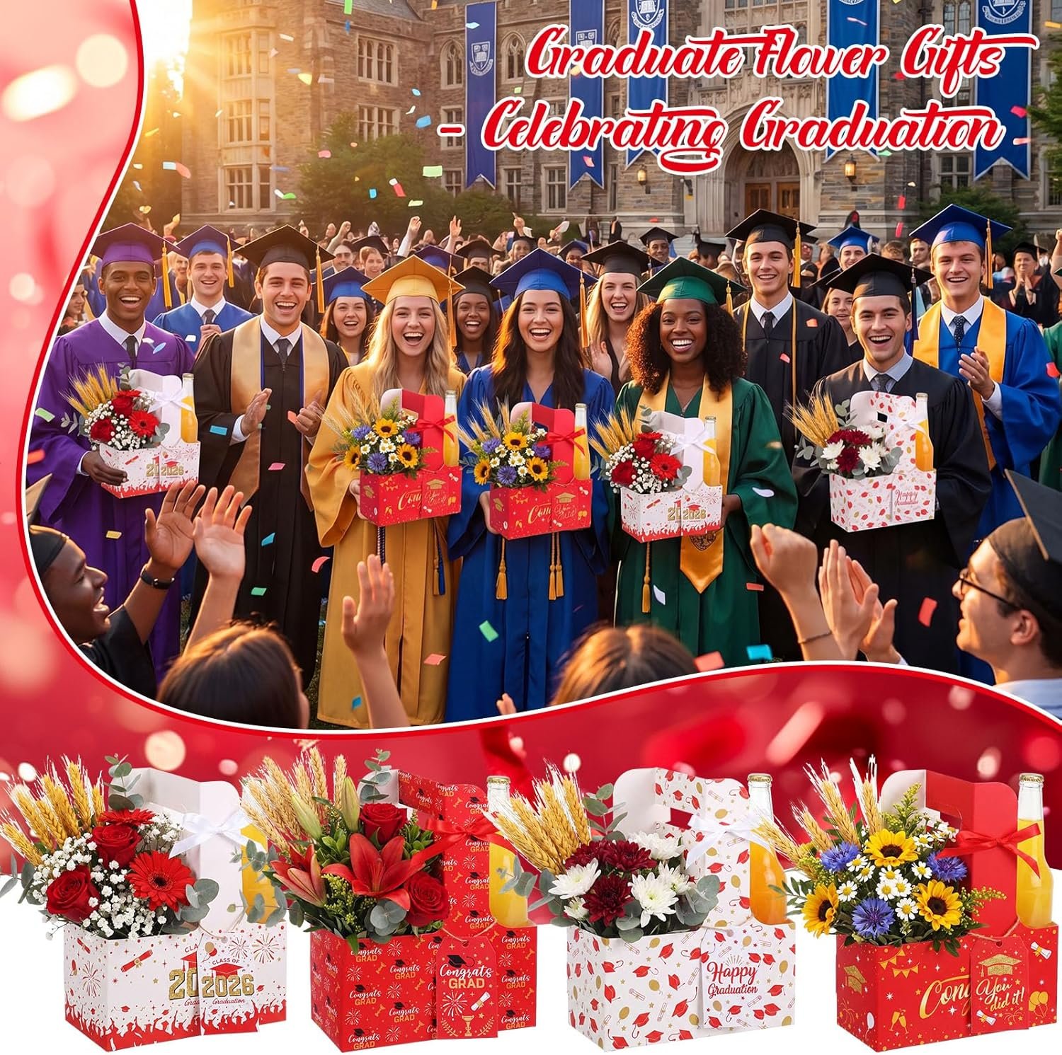 Logo Personalizzato Portabevande Usa e Getta 2 Tazze con Cartoncino Nastro per Laurea Classe 2026 Regali Diplomati Liceo Università Set da 24 Rosso Marchio Bianco Fornitore