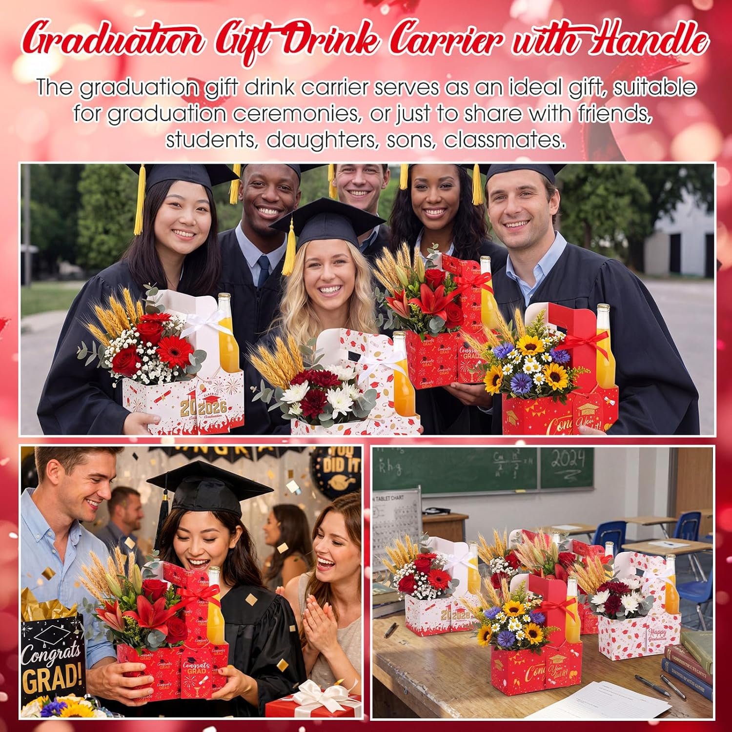 Logo Personalizzato Portabevande Usa e Getta 2 Tazze con Cartoncino Nastro per Laurea Classe 2026 Regali Diplomati Liceo Università Set da 24 Rosso Marchio Bianco Fornitore