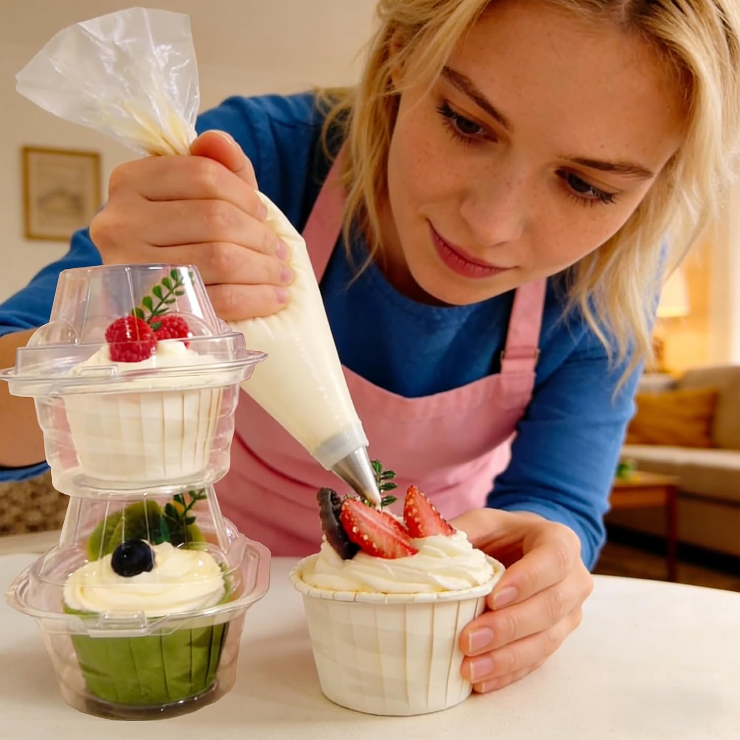 Fornitore di contenitori per cupcake in plastica con logo personalizzato - Confezione da 50 pezzi impilabili a cupola profonda - Marchio Bianco