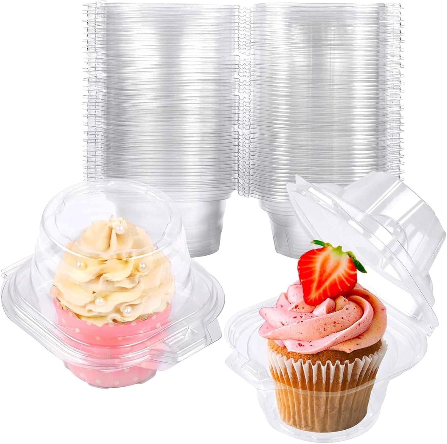 Fornitore di contenitori per cupcake in plastica con logo personalizzato - Confezione da 50 pezzi impilabili a cupola profonda - Marchio Bianco