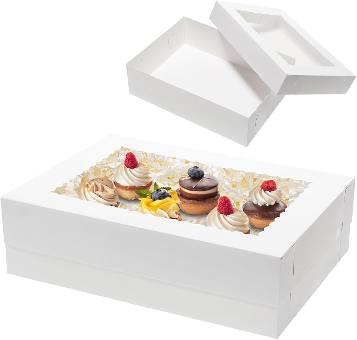 Fornitore 10 pz Scatole per Torte con Finestra 14x10x4 Rettangolari Quarter Sheet con Logo Personalizzato per Pasticceria Torte Cupcakes Donuts Biscotti Crostate Bianche Grandi Marchio Bianco