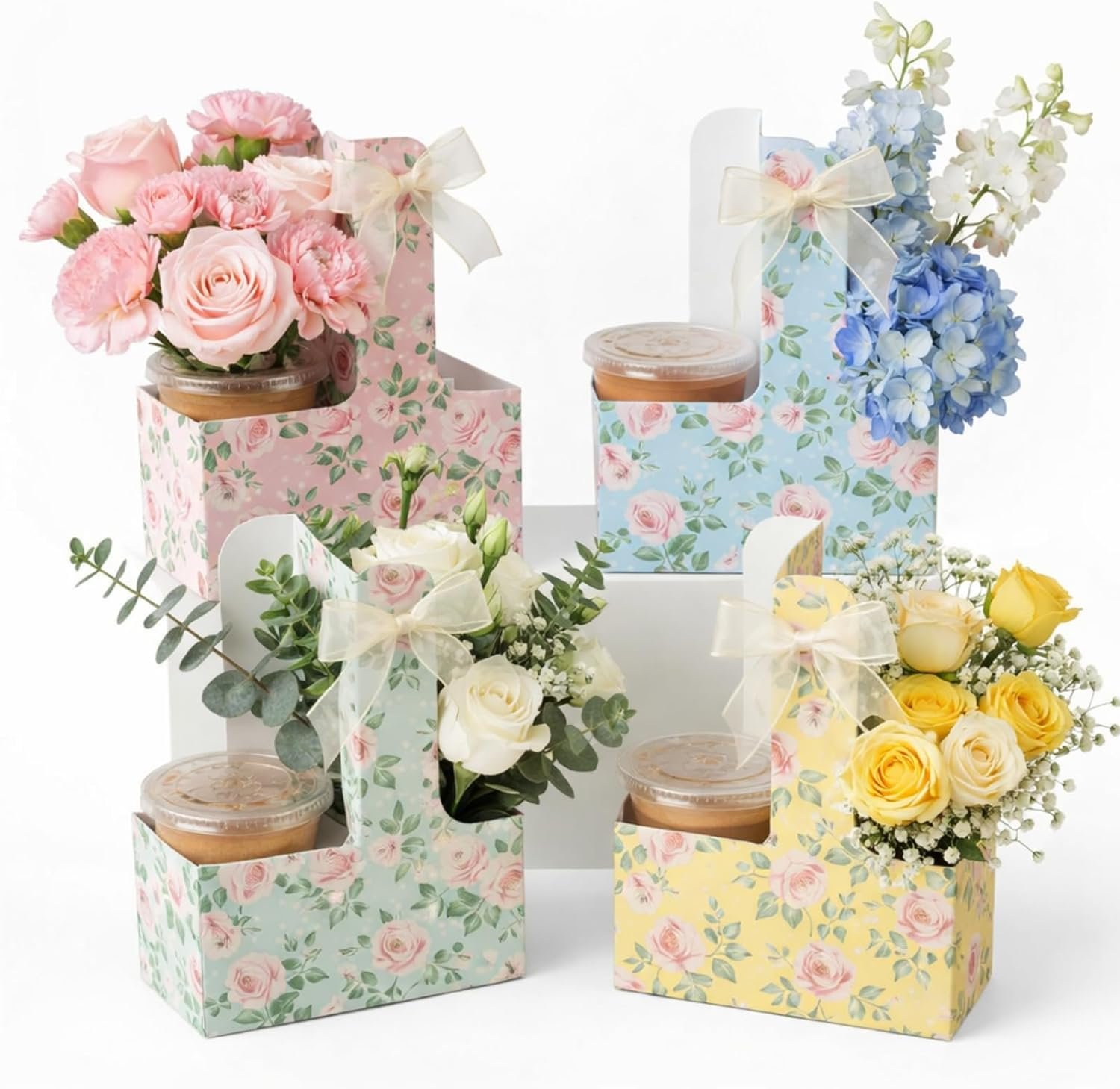 Fornitore Portacaffè Usa e Getta Floreali per 2 Tazze con Manico in Carta Confezione da 12 Portatili con Etichetta Regalo e Nastro con Logo Personalizzato Marchio Bianco per Festa della Mamma Regali Nozze Favore Festa