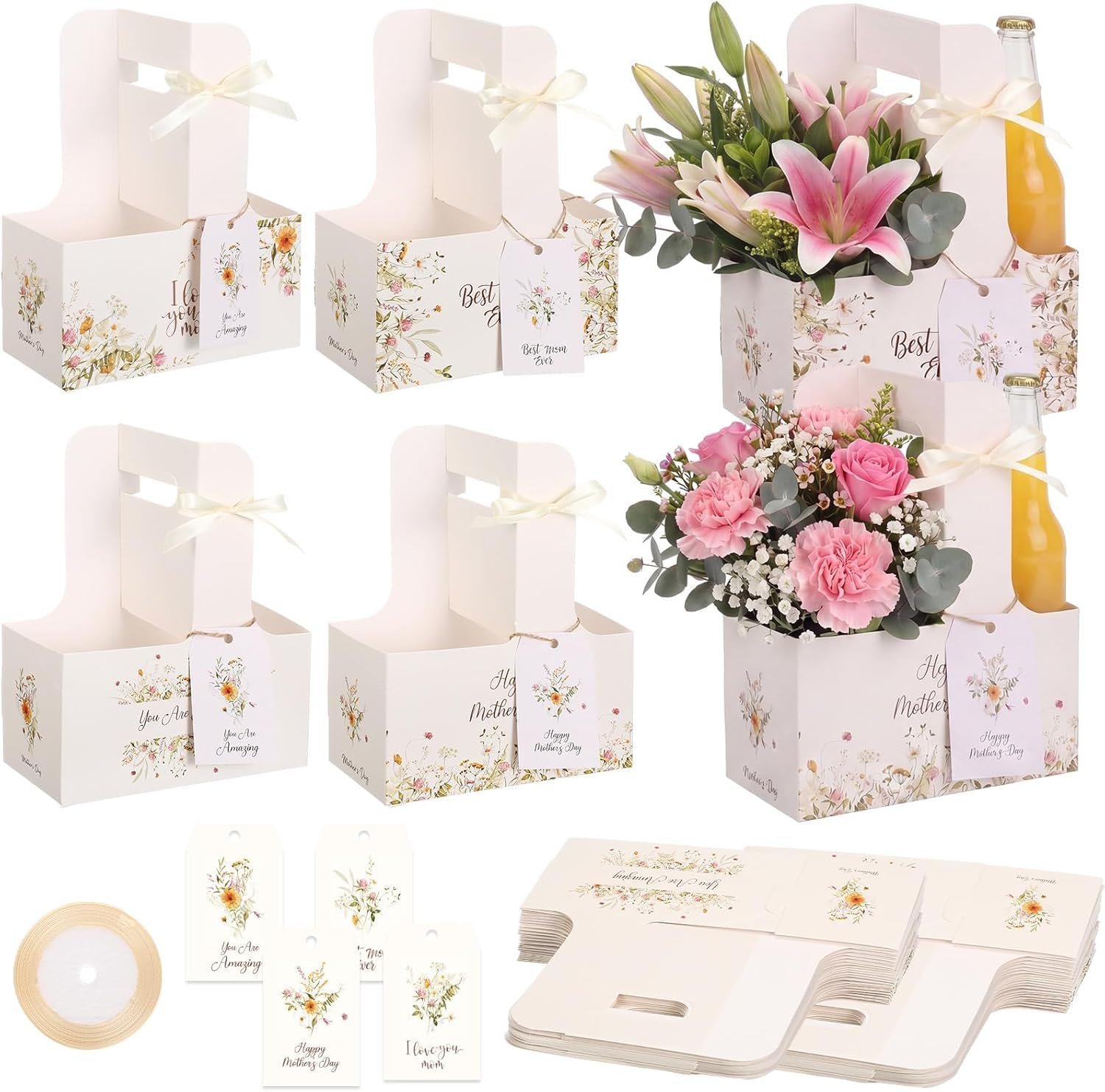 Logo Personalizzato 24 Set Portabevande per 2 Tazze con Maniglia per Festa della Mamma con Carte Floreali Rosa Nastro Fiore Portacaffè Regali Mamme Marchio Bianco dal Fornitore