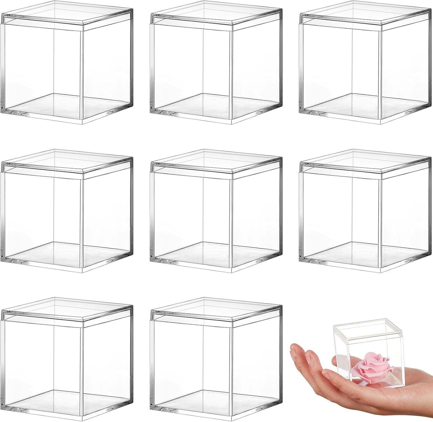 Logo Personalizzato 8 Pezzi Scatole Acrilico Trasparente con Coperchio Contenitori Cubo Mini per Caramelle Gioielli Bomboniera Pasqua, Marchio Bianco dal Produttore (6,6 x 6,6 x 6,6 cm Stile Classico)