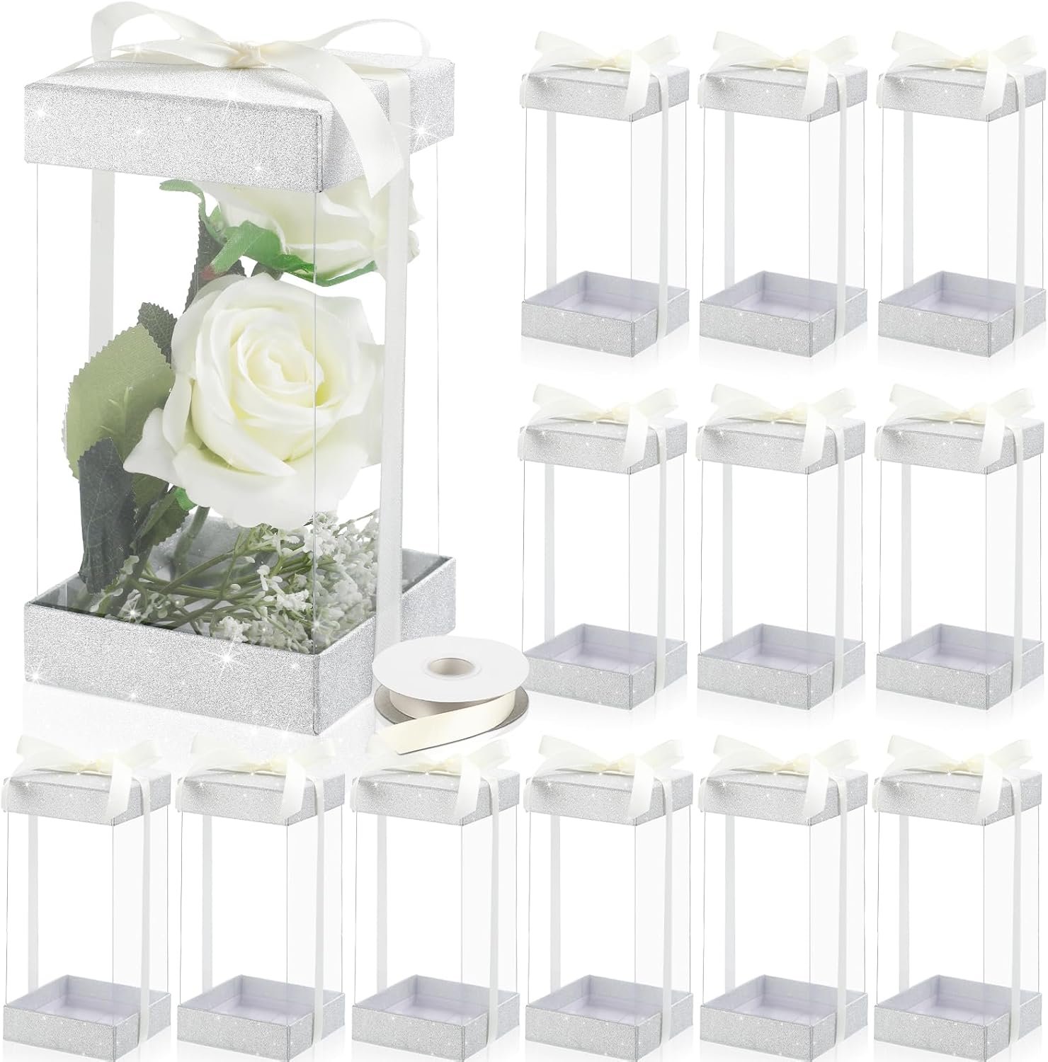 Logo Personalizzato Confezione da 12 Scatole Regalo Trasparenti 8 x 4 x 4 con Base e Coperchio Glitter Bianco Marchio Bianco per Matrimonio Compleanno San Valentino Festa della Mamma Festa del Papà Fornitore