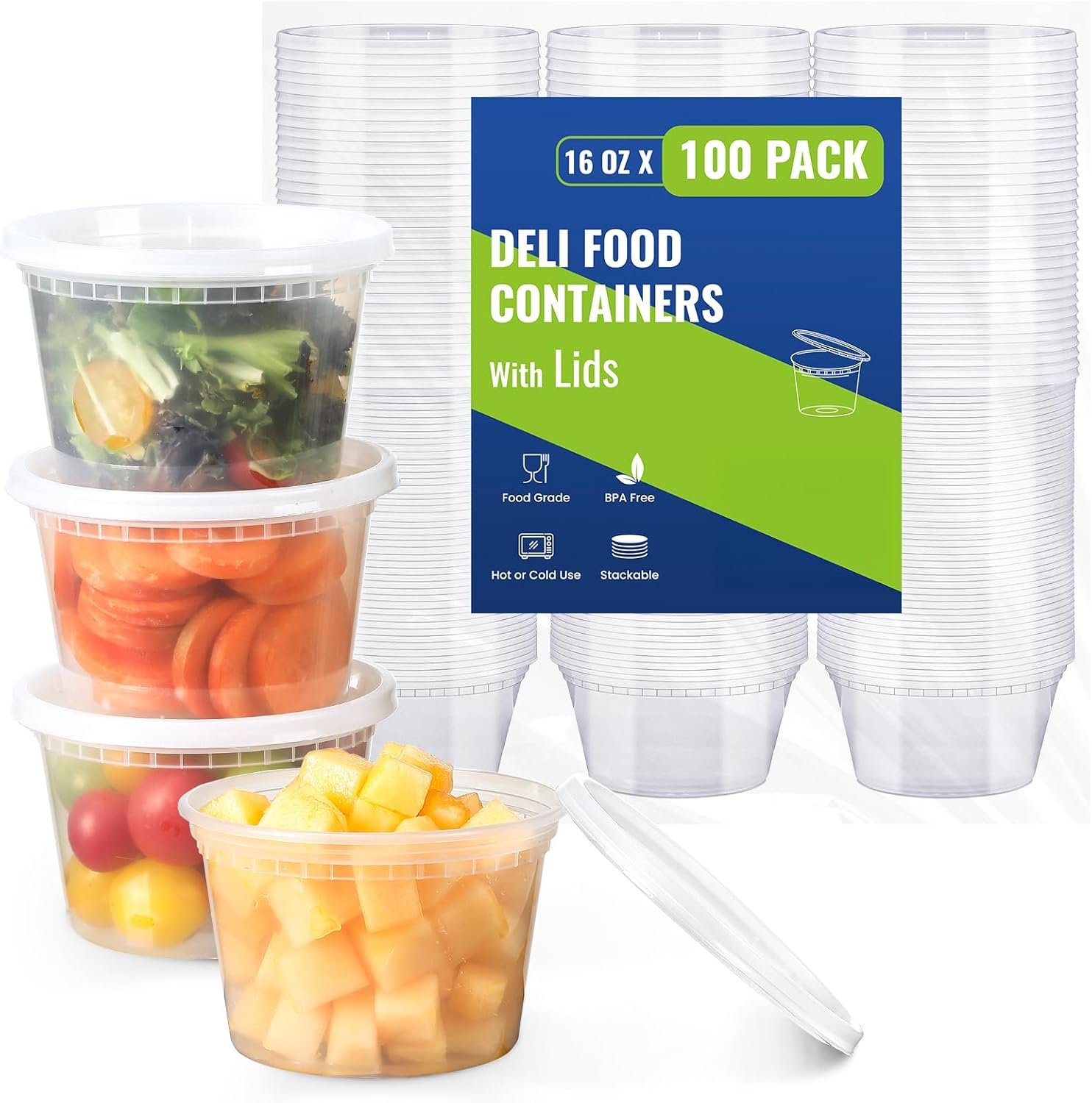 Logo Personalizzato Contenitori Deli Plastica 16 oz con Coperchi 100 Set Ermetici per Conservazione Alimenti Adatti Congelatore Lavastoviglie Microonde Marchio Bianco Ideali Takeout Meal Prep dal Fornitore