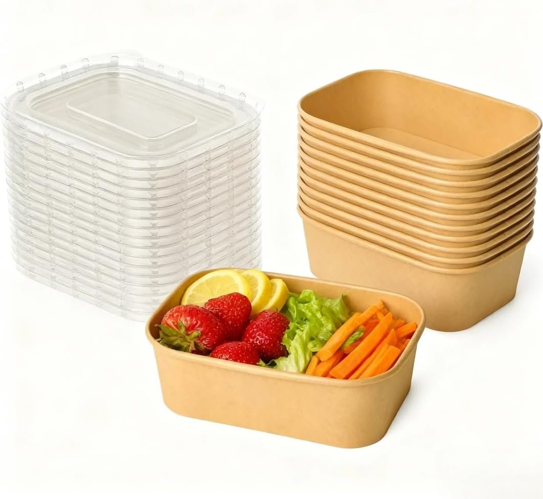 Logo Personalizzato Contenitori Meal Prep Carta 25 oz Confezione 50 con Coperchi Monouso Rettangolari Marroni Marchio Bianco per Snack Insalata Zuppa Ringraziamento Natale Produttore