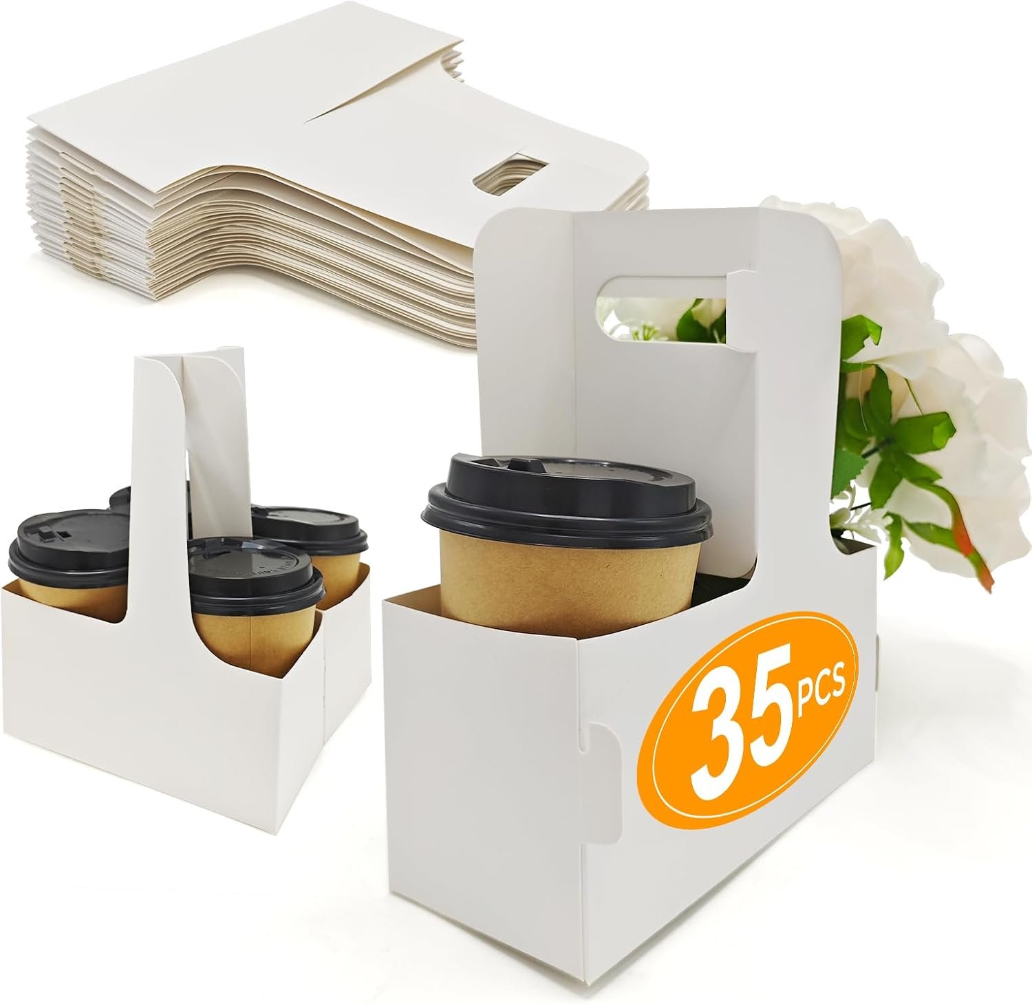 Logo Personalizzato Portabevande con Maniglia Monouso Pieghevole per 2 o 4 Bicchieri Cartone Bianco 12-30 Oz da Fornitore per Caffè Bevande Calde Fredde Food Delivery Marchio Bianco 35 pz