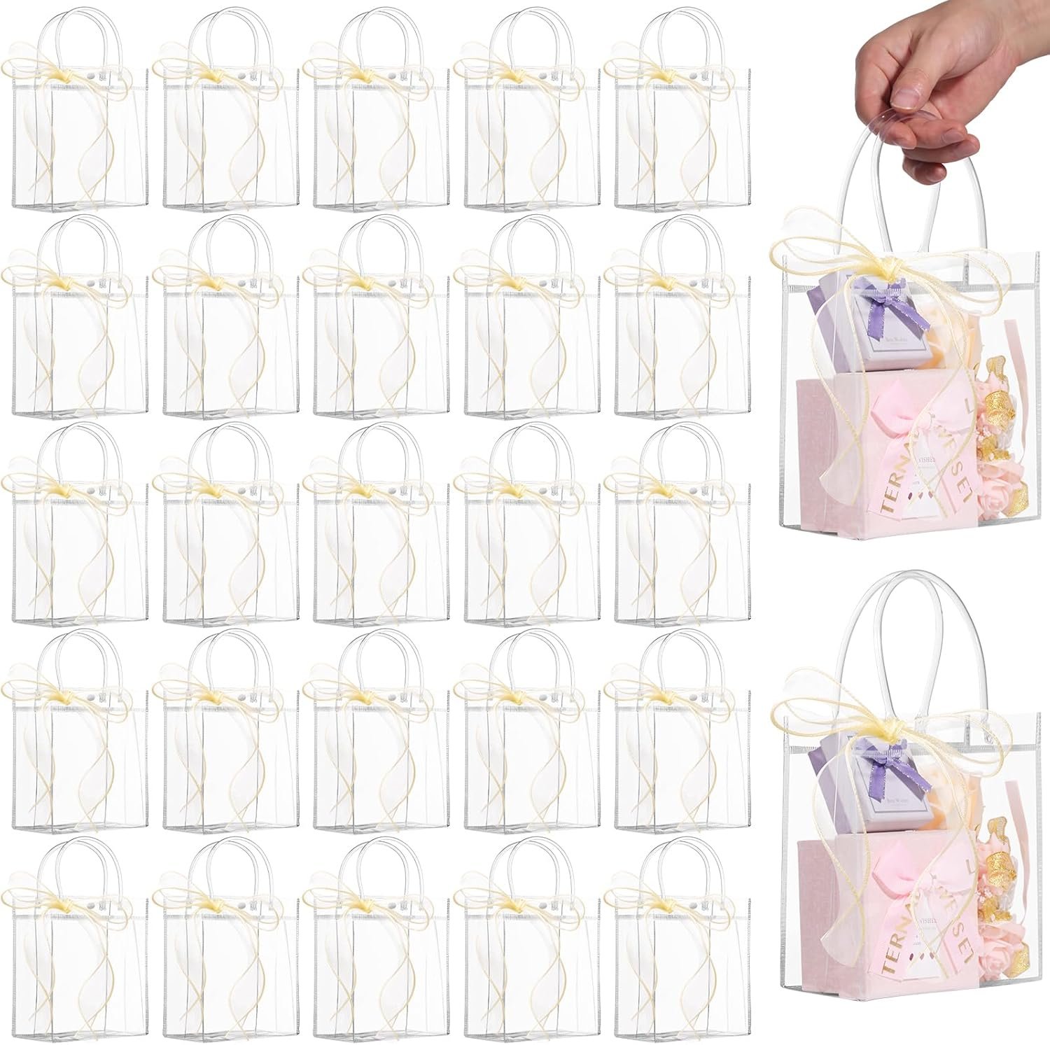 Logo Personalizzato Sacchetti Regalo Plastica Trasparente con Manici Nastri Marchio Bianco Riutilizzabili Matrimonio Baby Shower Compleanno 30 Pezzi 5.9 x 6.3 x 2.8 Fornitore