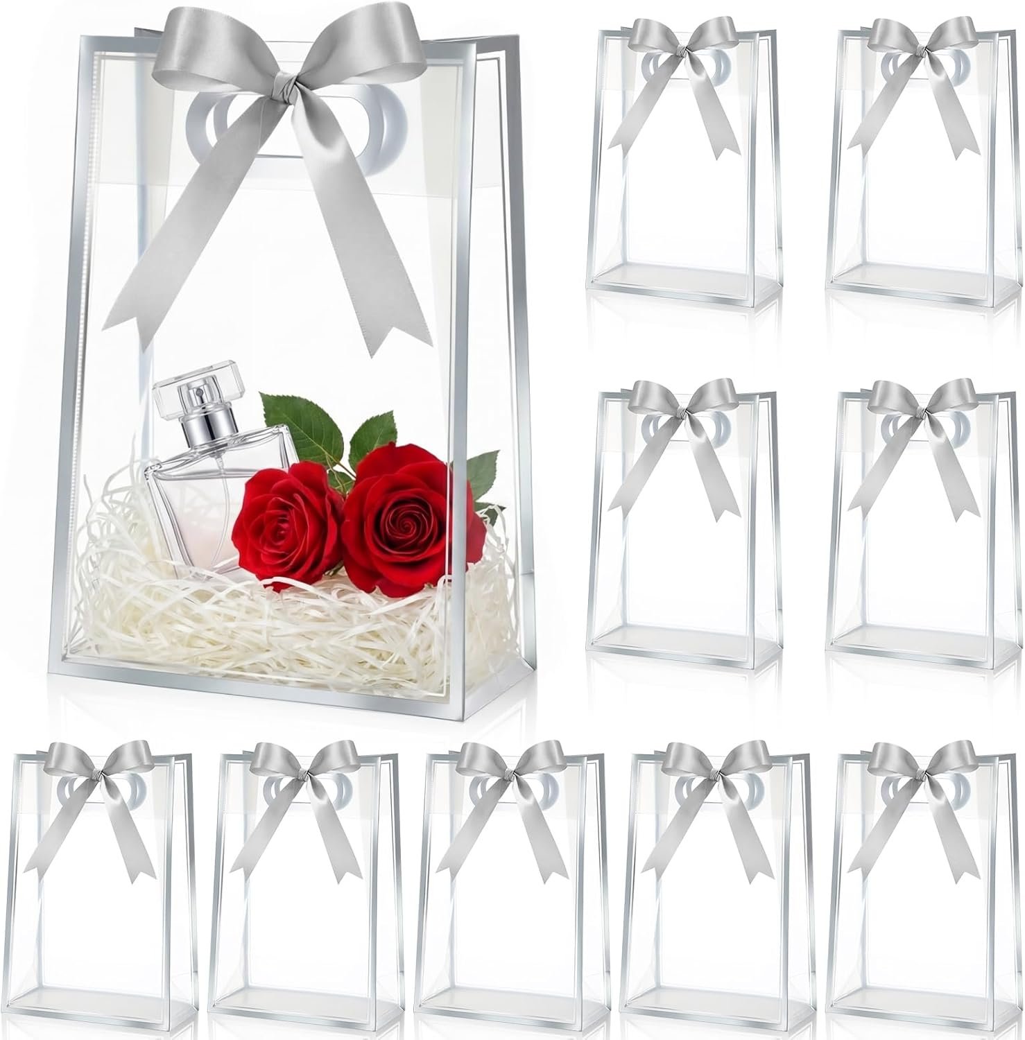Logo Personalizzato Sacchetti Regalo Trasparenti Plastica 12 Pz Manici Die Cut Riutilizzabili PP con Nastro per Autunno Halloween Matrimonio Compleanno Baby Shower Festa dal Fornitore Marchio Bianco Lamina Argento