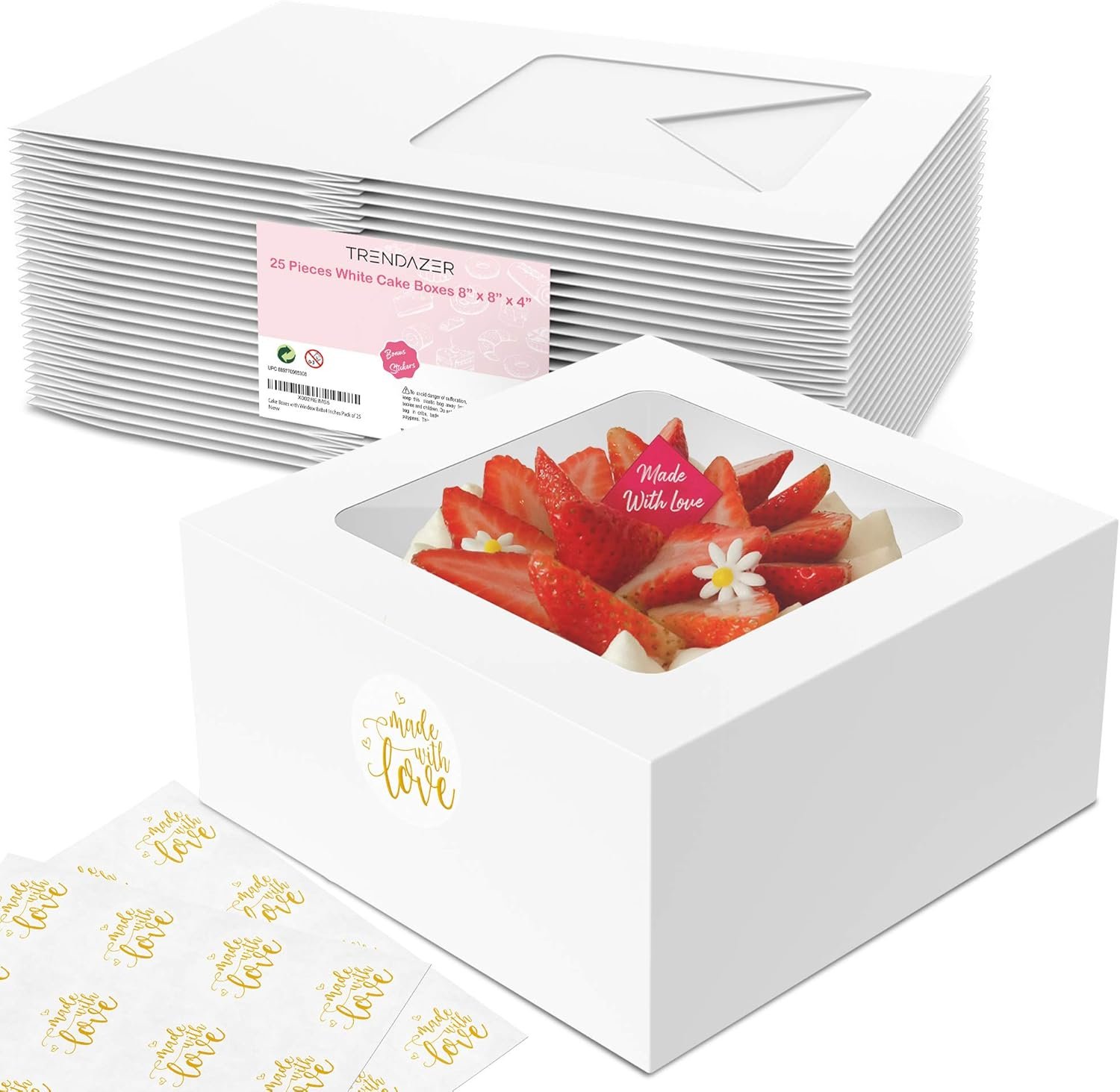 Logo Personalizzato Scatole per Torte 8x8x4 Pollici 25 Pezzi con Finestra 30 Adesivi Bonus Auto Popup Extra Spesse Resistenti all'Olio Marchio Bianco Ideali per Biscotti Torte Dolcetti Pasticceria Panetteria Uso Domestico Ristoranti Bianche Produttore