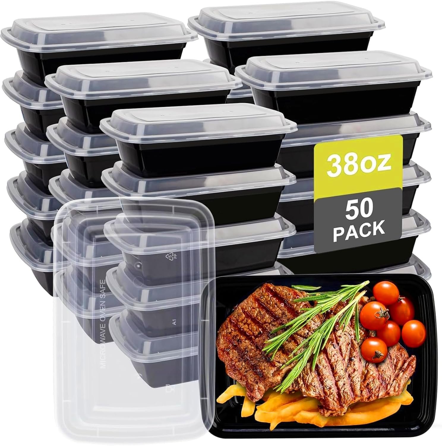Logo Personalizzato sui Contenitori Meal Prep 38oz Confezione da 50 in Plastica Monouso con Coperchi Senza BPA Adatti per Microonde Lavastoviglie e Congelatore con Marchio Bianco del Produttore