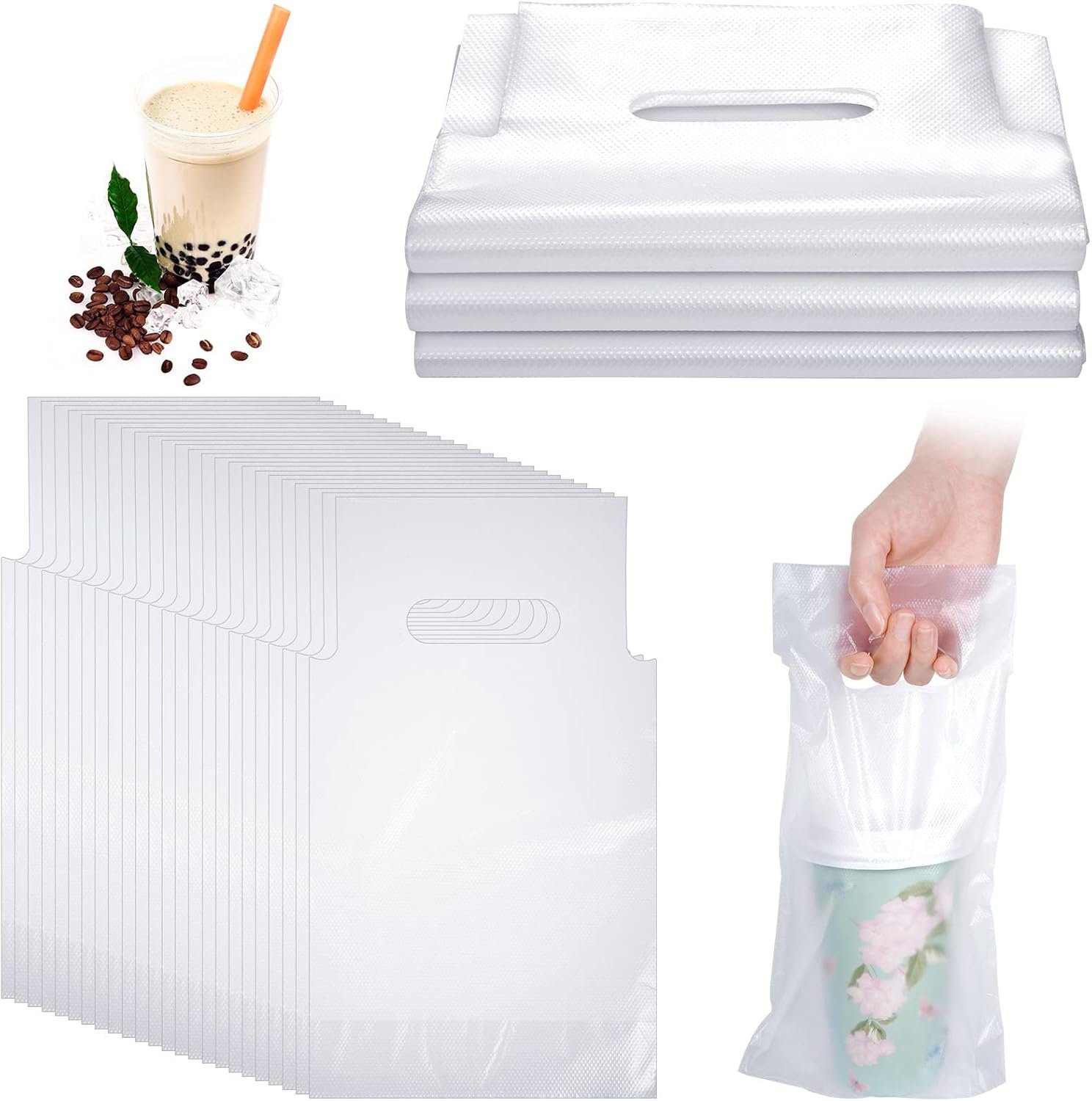 Marchio Bianco 200 Pz Sacchetti Portabevande Trasparenti con Maniglia per Consegne Take Away Bar Ristoranti con Logo Personalizzato 16 x 24 cm Fornitore