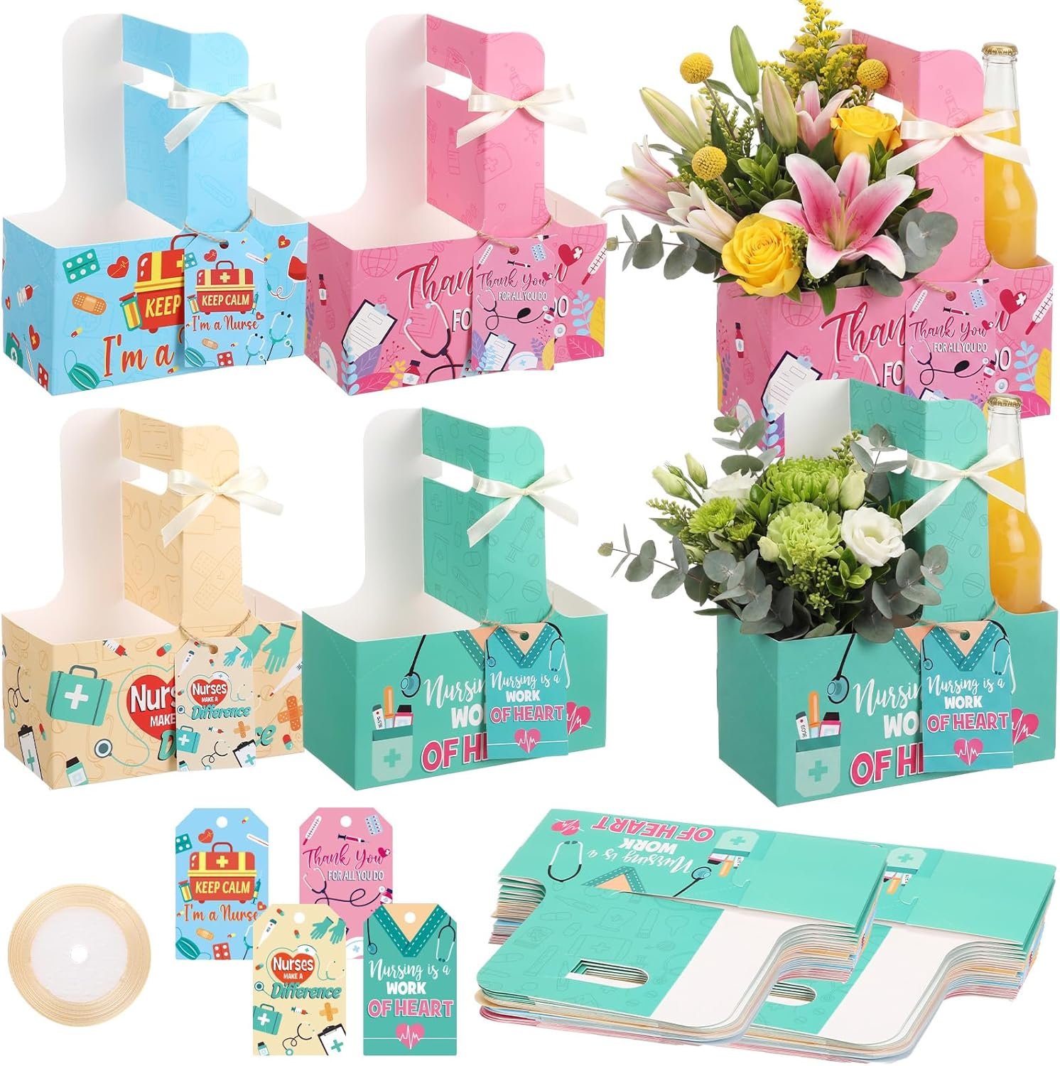 Marchio Bianco 24 Set Portatazza per 2 Tazze con Maniglia Biglietto d'Auguri e Nastro Usa e Getta Regali Apprezzamento Infermiere Festa Laurea con Logo Personalizzato del Produttore
