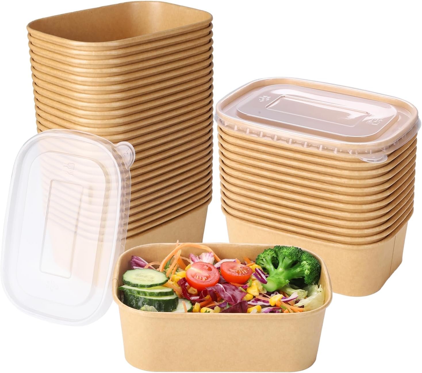 Marchio Bianco 50 Set Ciotole Monouso Rettangolari in Carta Kraft con Coperchi 25oz (750ml) per Insalate Zuppe Cibi Caldi/Freddi Asporto Gelato Feste con Logo Personalizzato dal Produttore