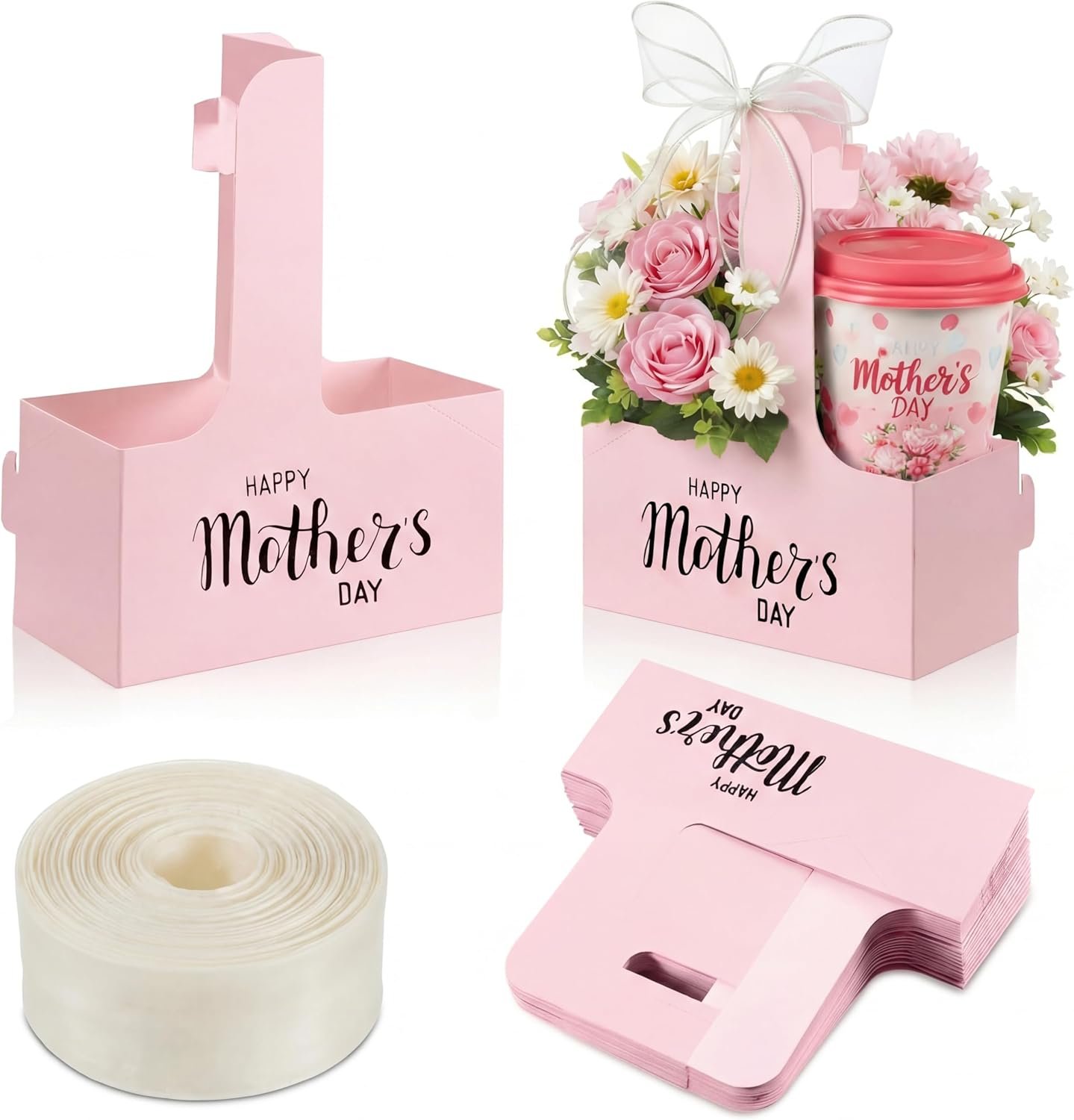 Marchio Bianco Confezione da 24 Portatazza per 2 Bicchieri con Maniglia e Fiocco per Festa della Mamma Cartone Monouso per Bevande Calde Fredde Asporto Caffè Delivery dal Produttore con Logo Personalizzato